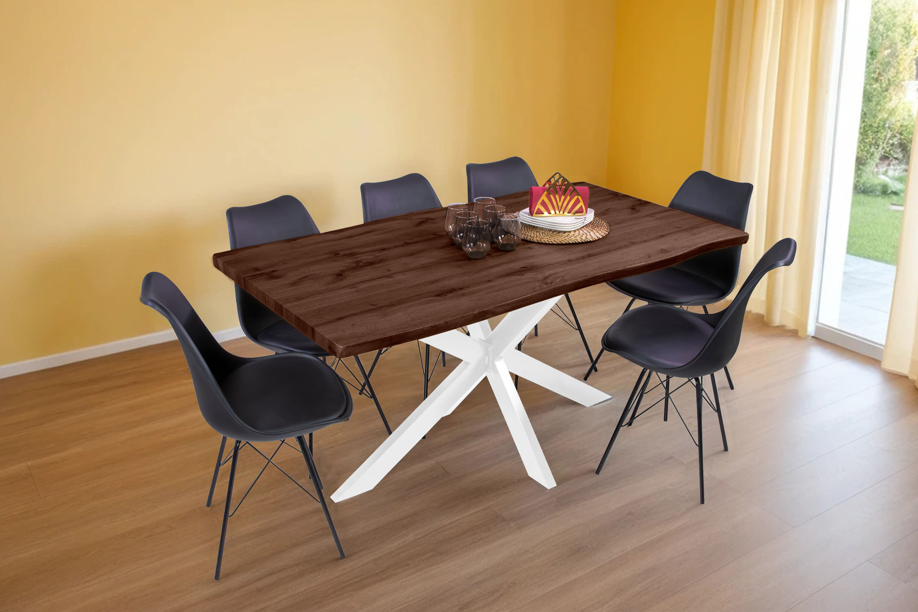 Esstisch Baumkante Holz-Optik Nussbaum 160 x 85 Spider-Gestell weiß JOSY