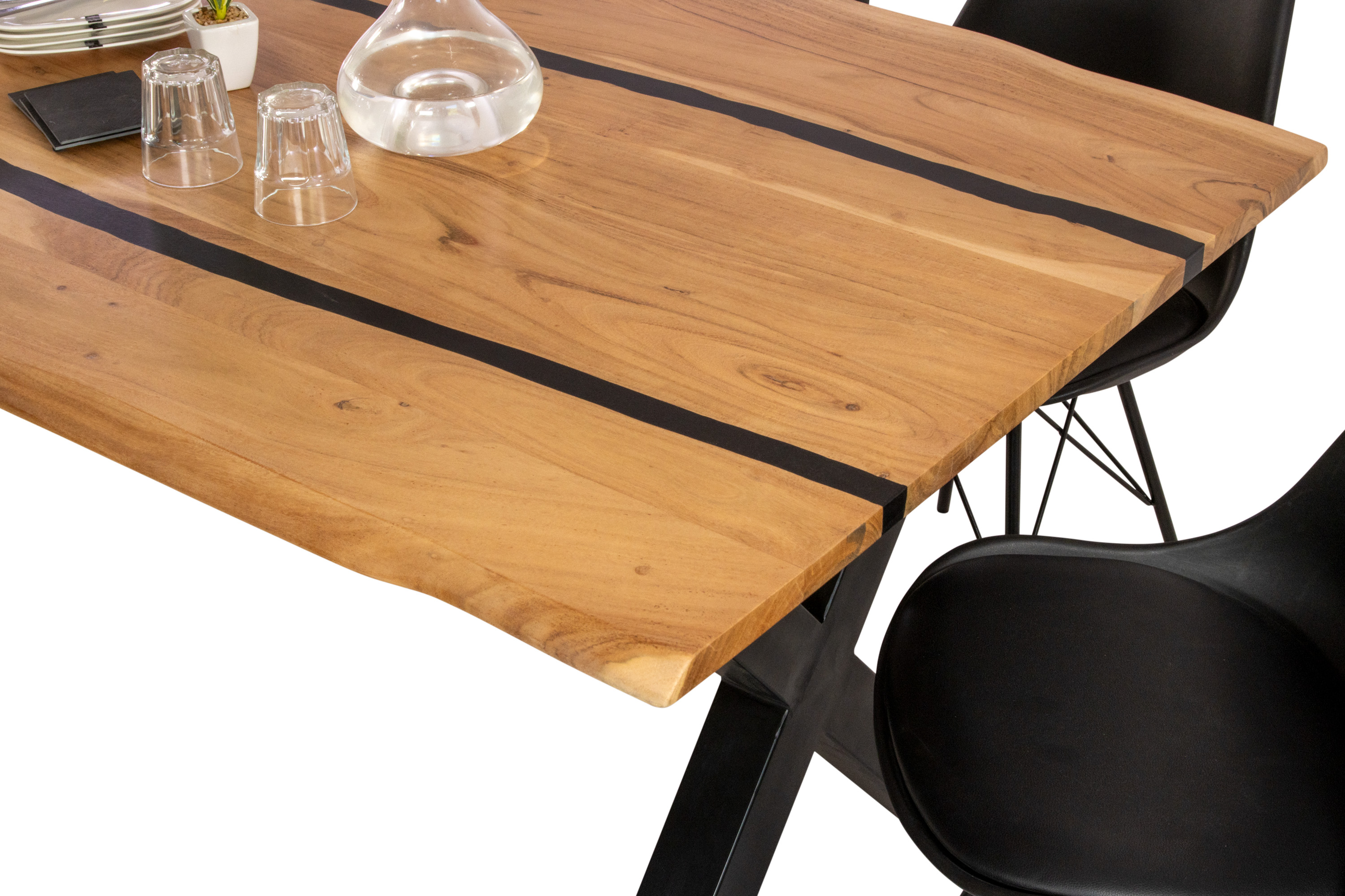 Esstisch 240 x 100 cm Akazie massiv natur mit schwarzen Resin-Adern X-Gestell schwarz PETER