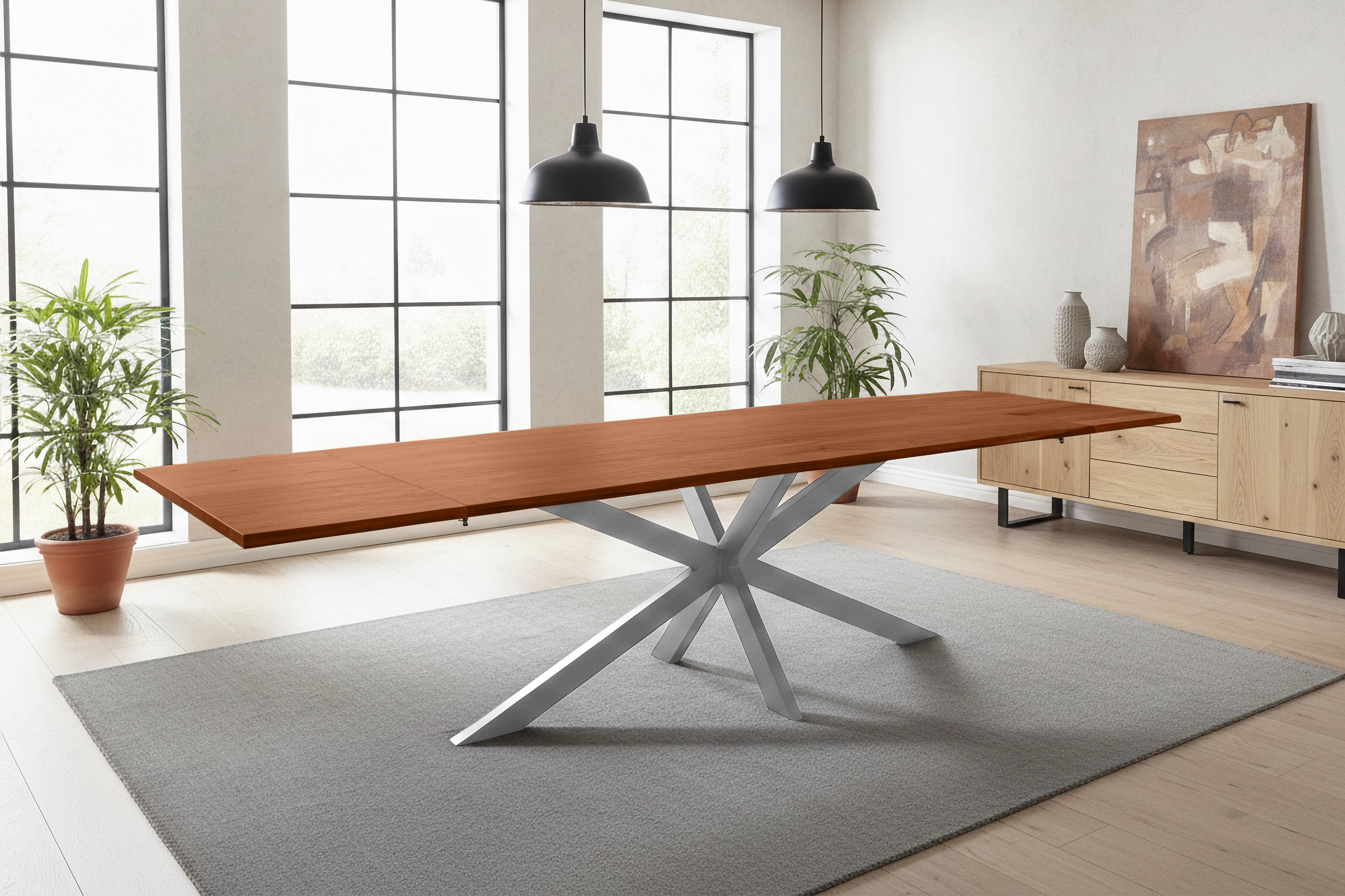 Esstisch Baumkante Akazie nuss 200(300)x100 Ansteckplatten Spider-Gestell silber AVINO