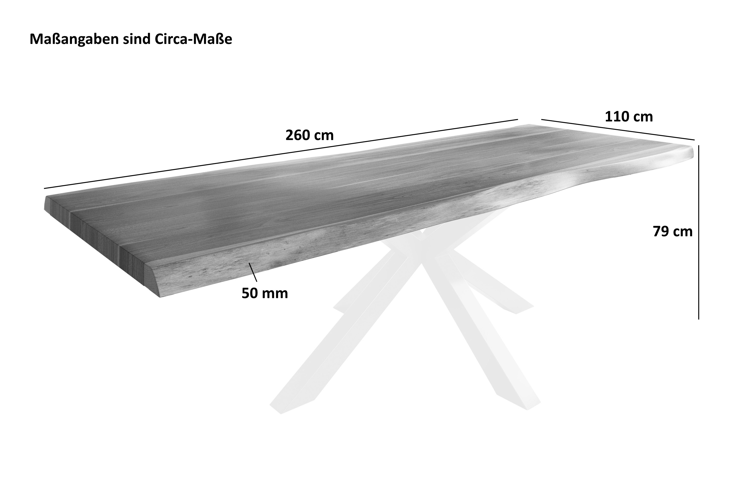 Esstisch Baumkante massiv Akazie natur 260 x 110 Spider-Gestell Metall weiß TITAN