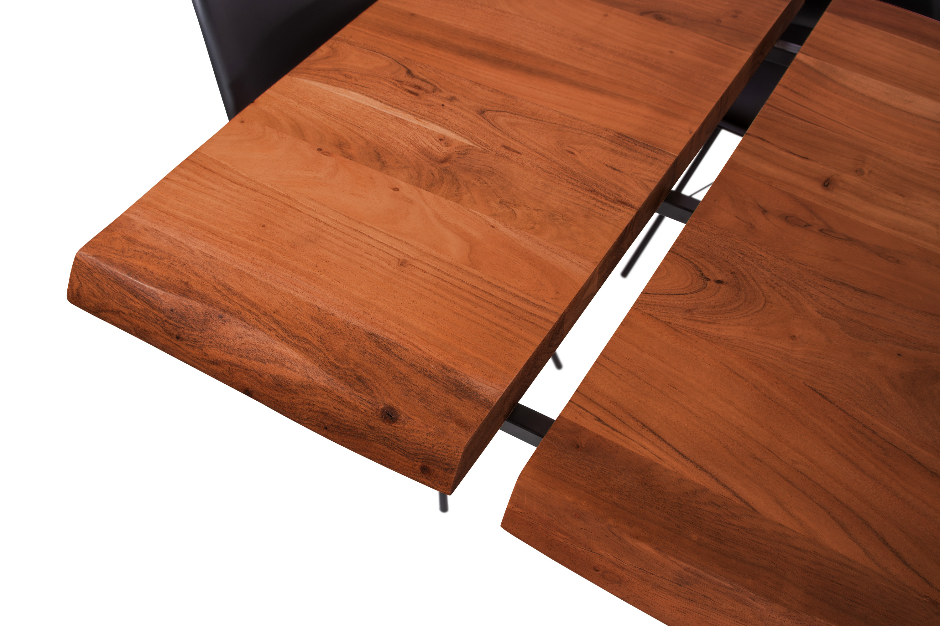 Esstisch Baumkante Akazie nuss 160 (260) x 90 cm Spider-Gestell schwarz mit Ansteckplatten CALI