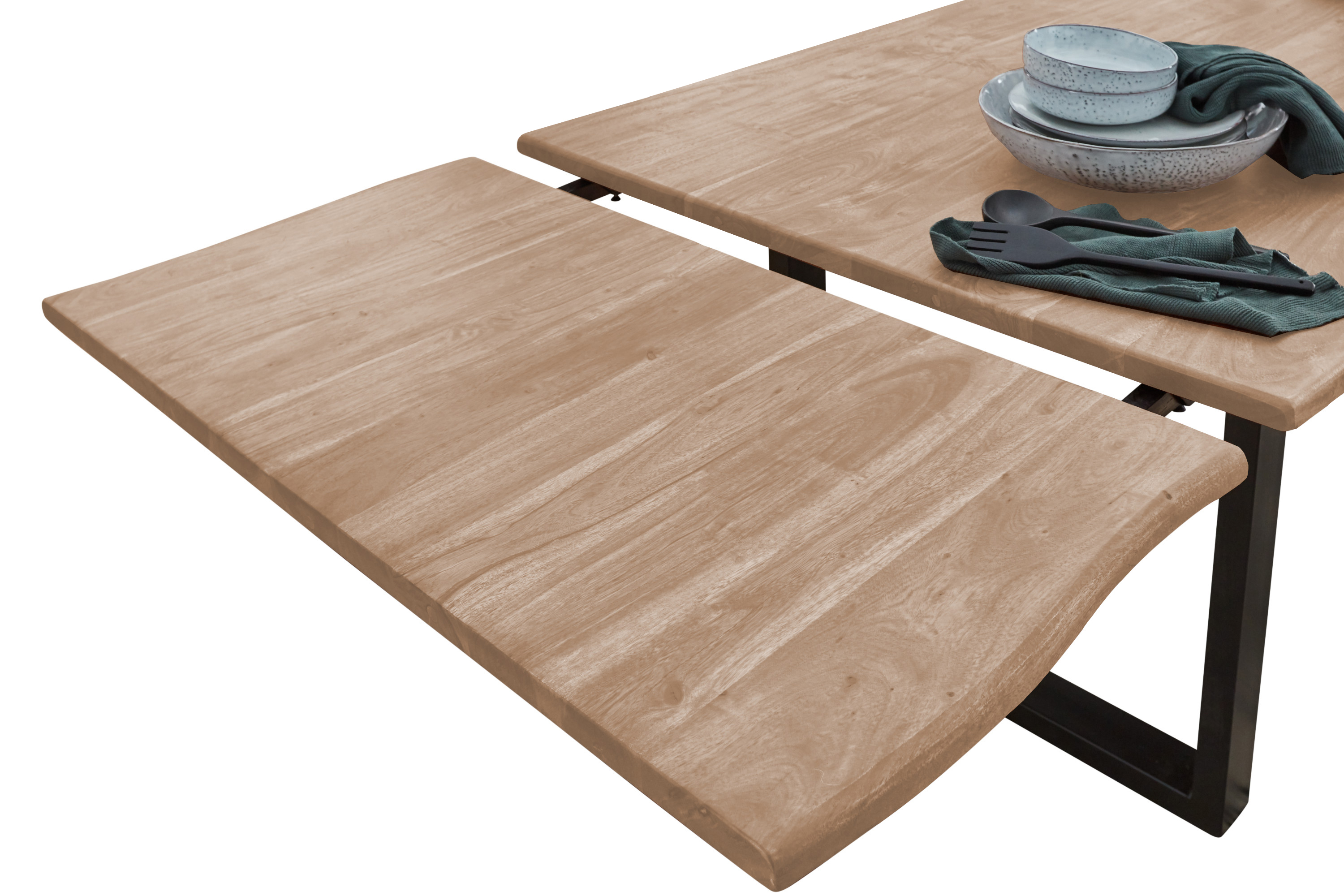 Baumkantentisch Akazie stonefarben 180 (280) x 90 cm Ansteckplatten schwarz NORINA Baumkantentisch Akazie stonefarben 180 (280) x 90 cm Ansteckplatten schwarz NORINA