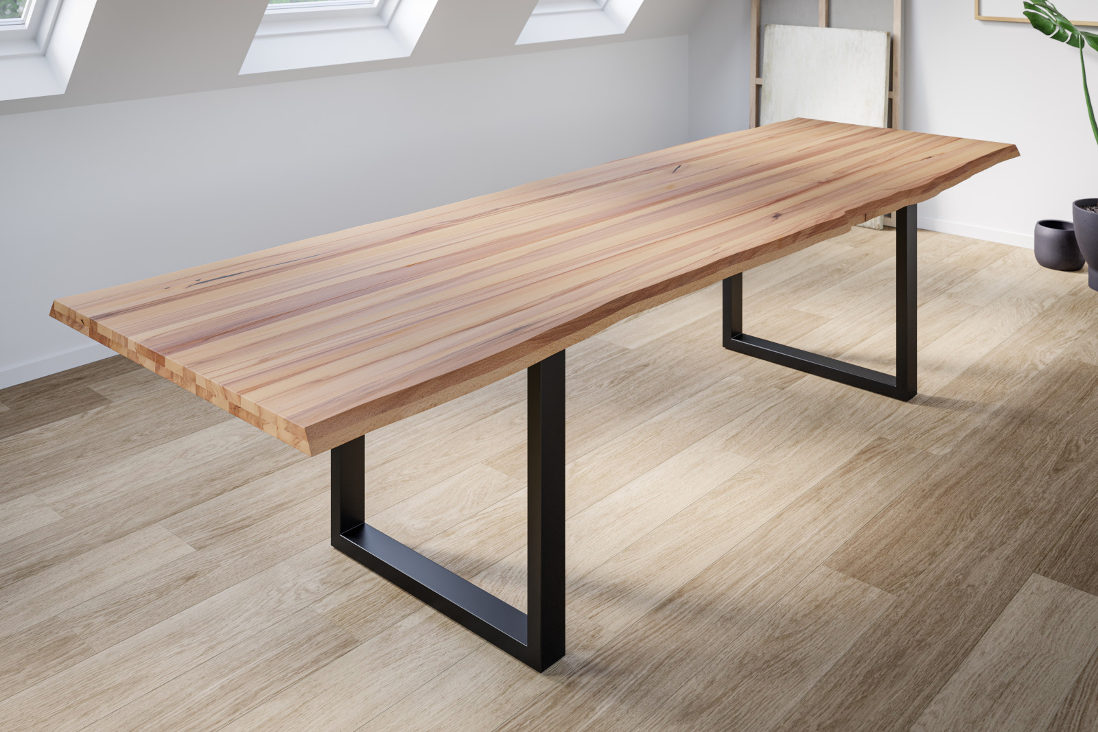 Esstisch Baumkante Massiv Wildbuche 280 x 100 mattschwarz U-Gestell ROMAN