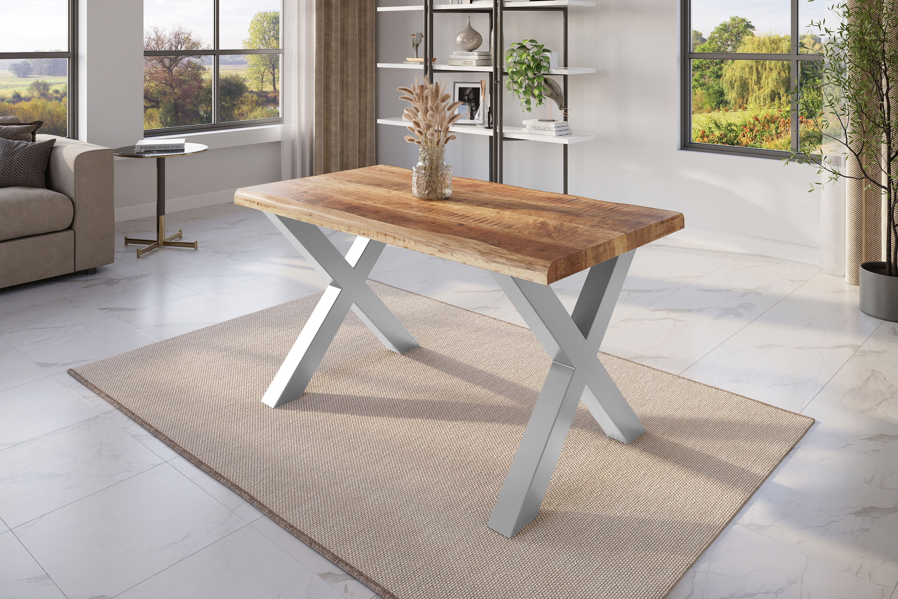 Esstisch Baumkante massiv Mango rough 140 x 80 X-Gestell silber ATLAS
