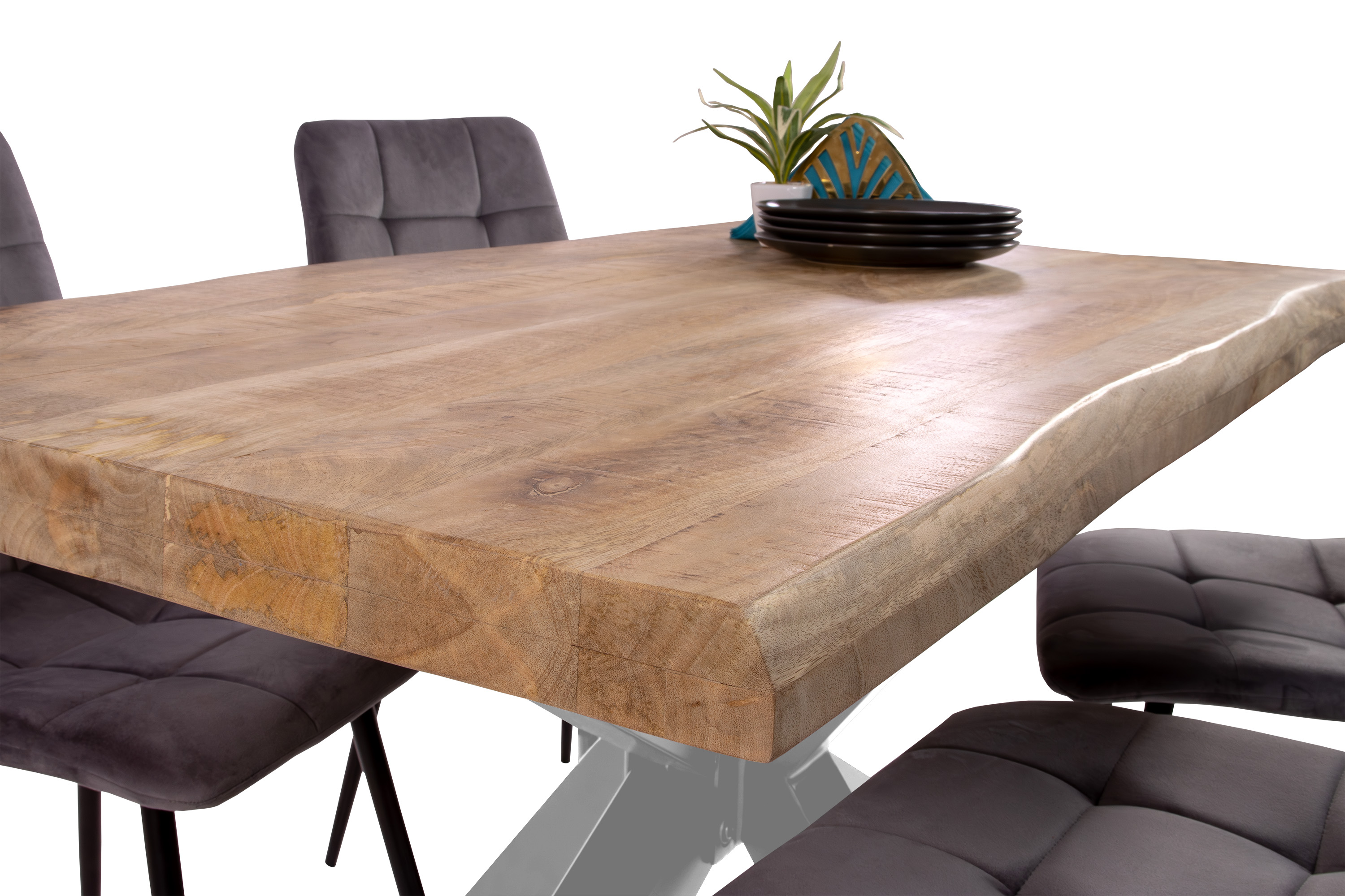 Esstisch Baumkante massiv Mango 120 x 80 Spider-Gestell silber CALI