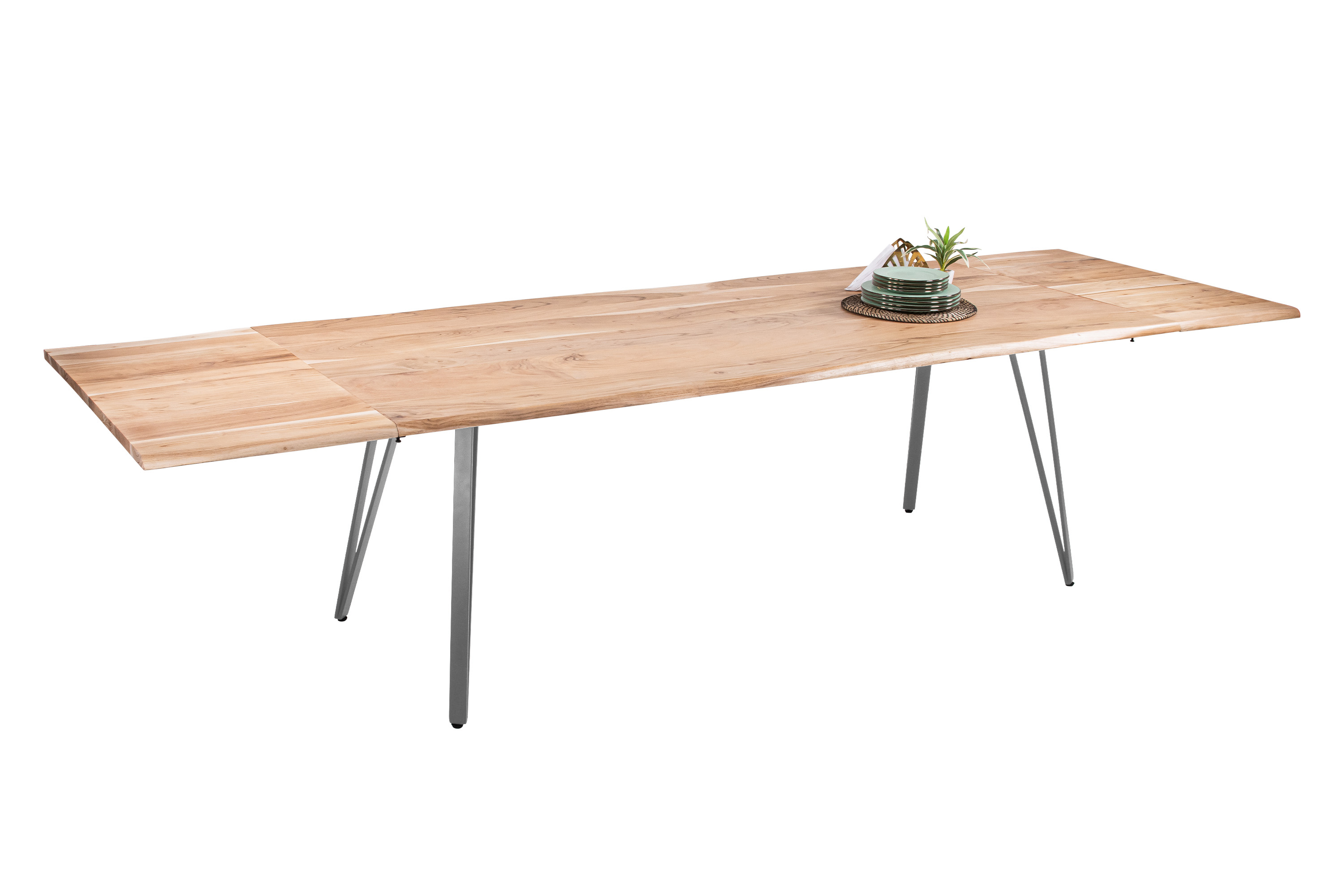 Esstisch Baumkante Akazie natur 220(320)x100 Ansteckplatten Vierfuß-Gestell silber AVINO
