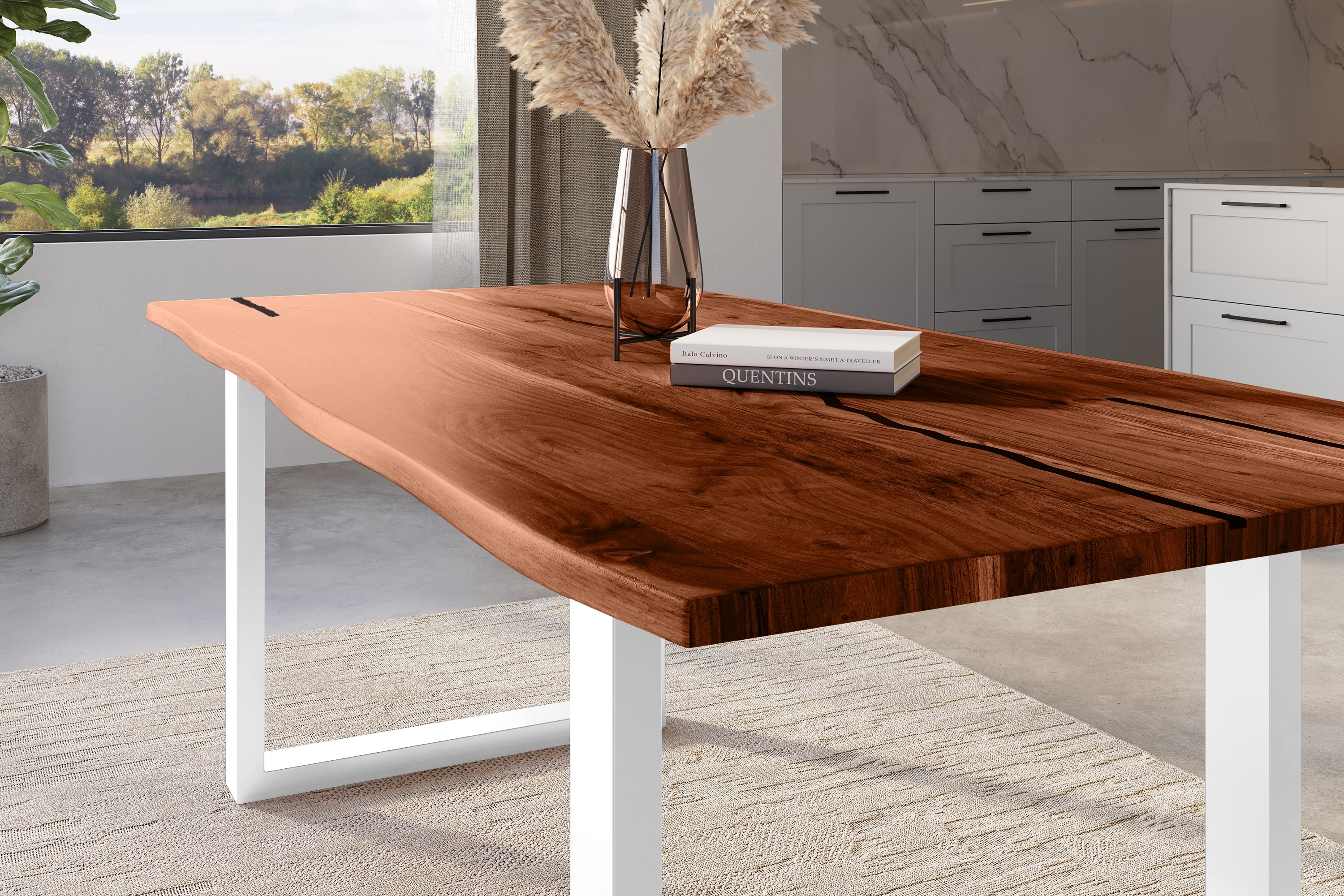 Baumkantentisch Akazie mit schwarzen Resin-Adern nussbaumfarben 240 x 100 cm U-Gestell weiß POLLY