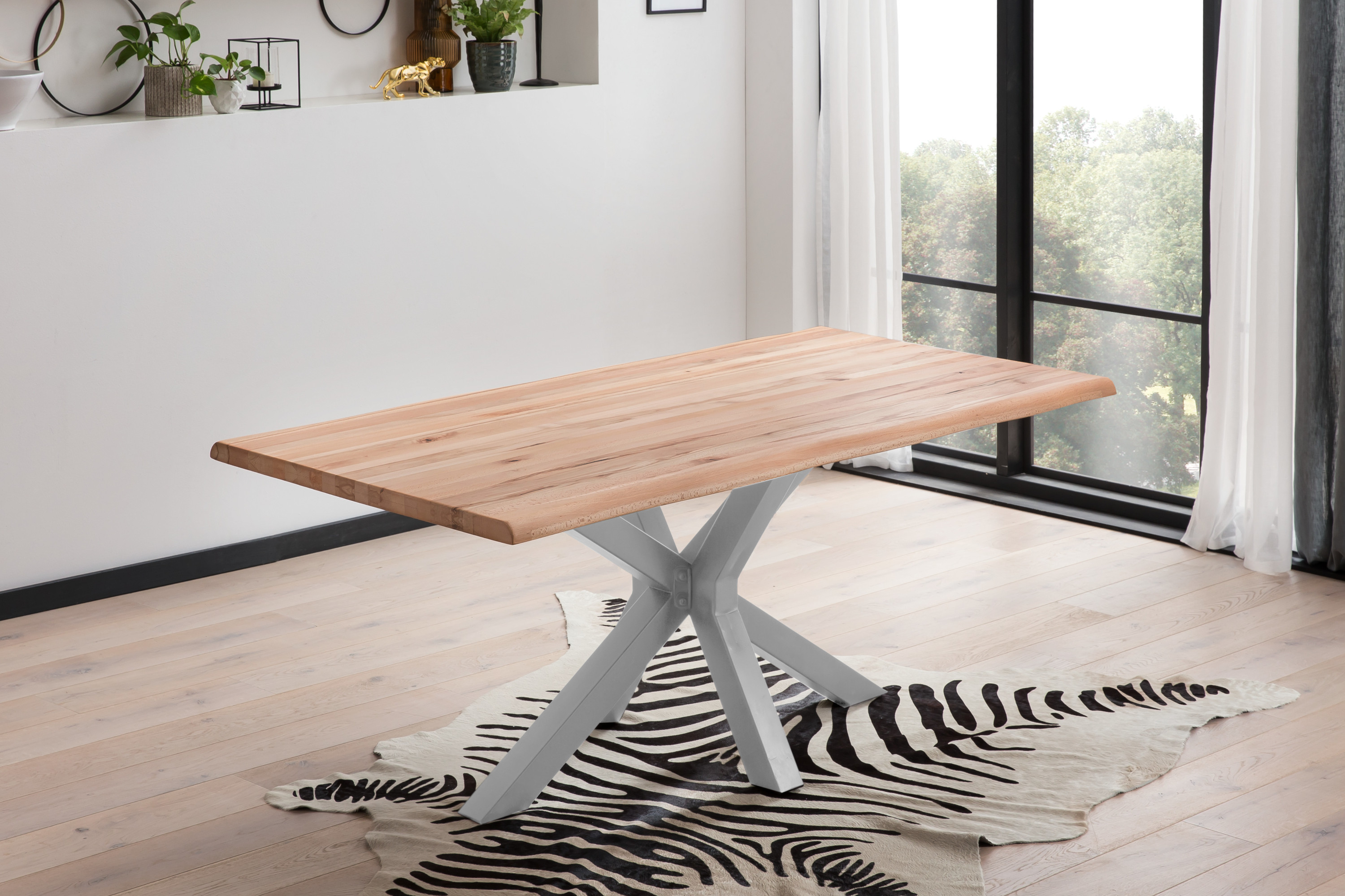 Esstisch Baumkante Massiv Wildbuche 300 x 100 silber Spider-Gestell Riga