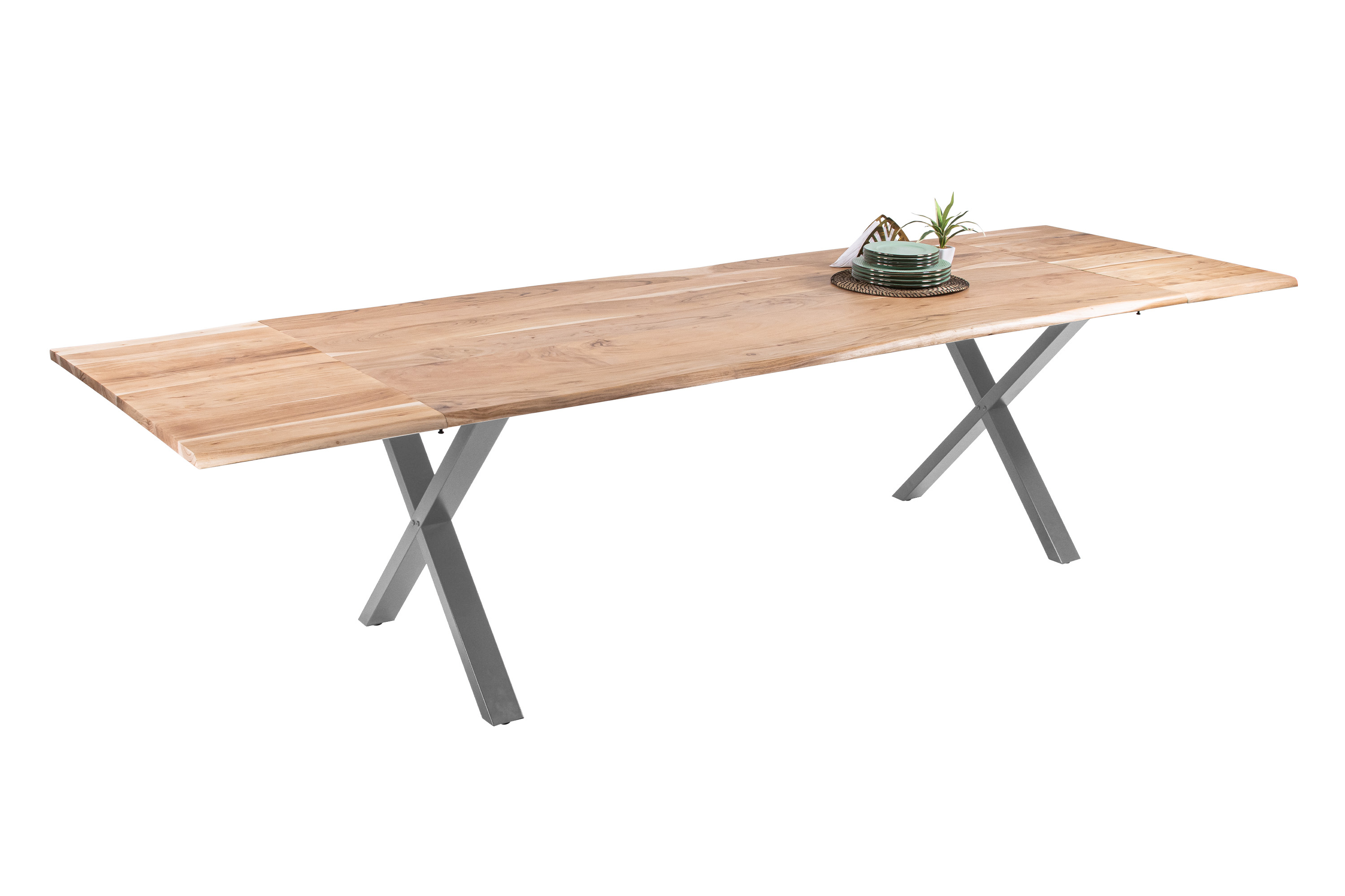 Esstisch Baumkante Akazie natur 220(320)x100 Ansteckplatten X-Gestell silber AVINO