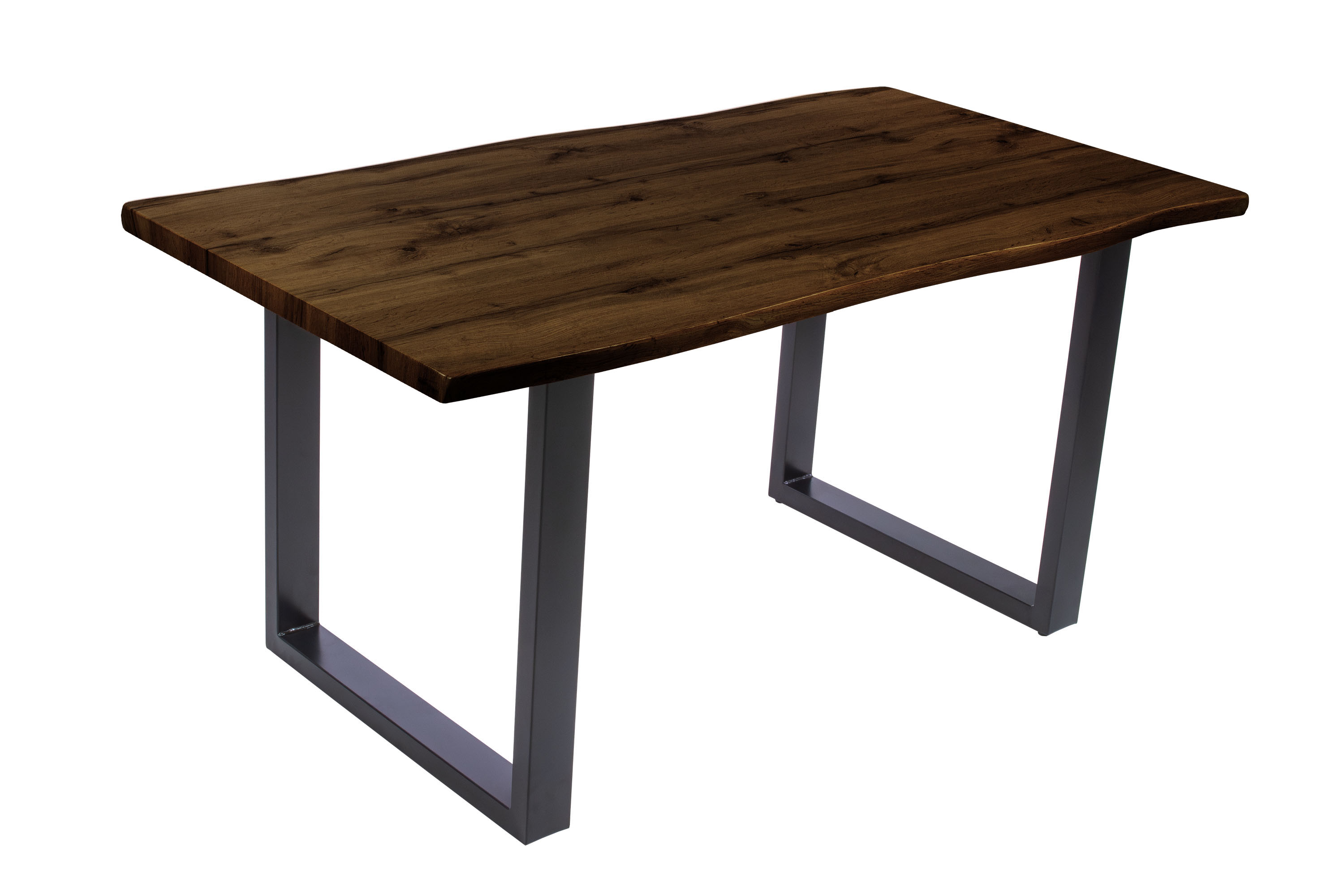 Essgruppe Baumkante massiv 140 x 80 cm Holz-Optik Nussbaum U-Gestell schwarz & 4 Stühle schwarz JOSY