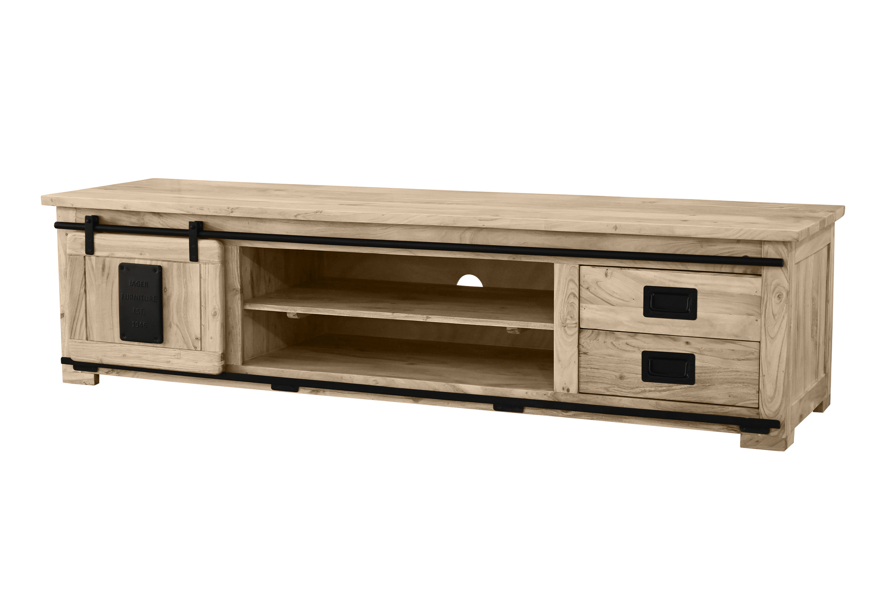 Lowboard Kommode TV-Board mit Schiebetür, 2 Schubfächern & 4 Fächern Akazie massiv eiche 200 x 55 x 50 cm LIBRO