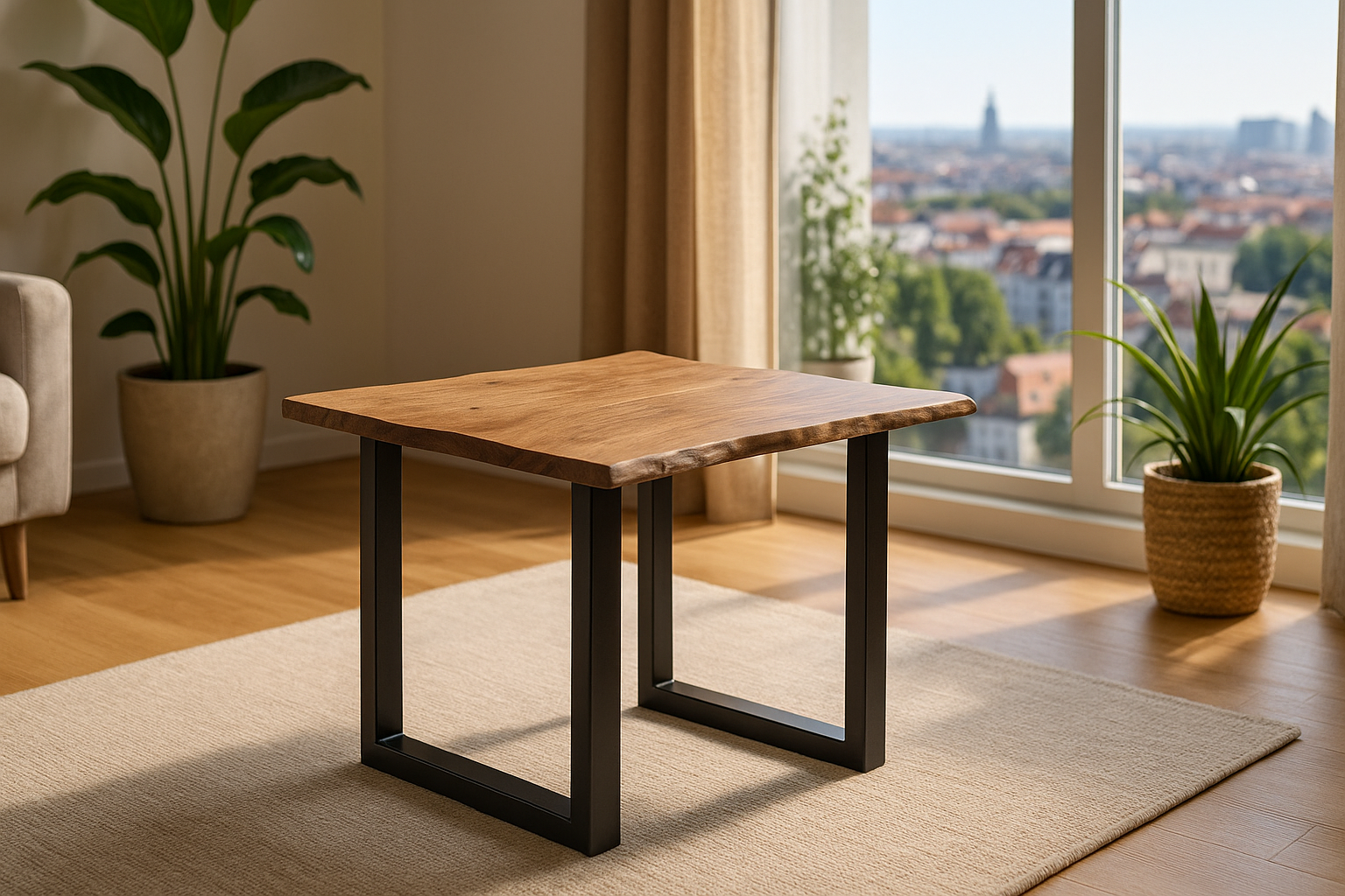 Esstisch Baumkante massiv Akazie stonefarben 90 x 90 cm schwarz LAURINA