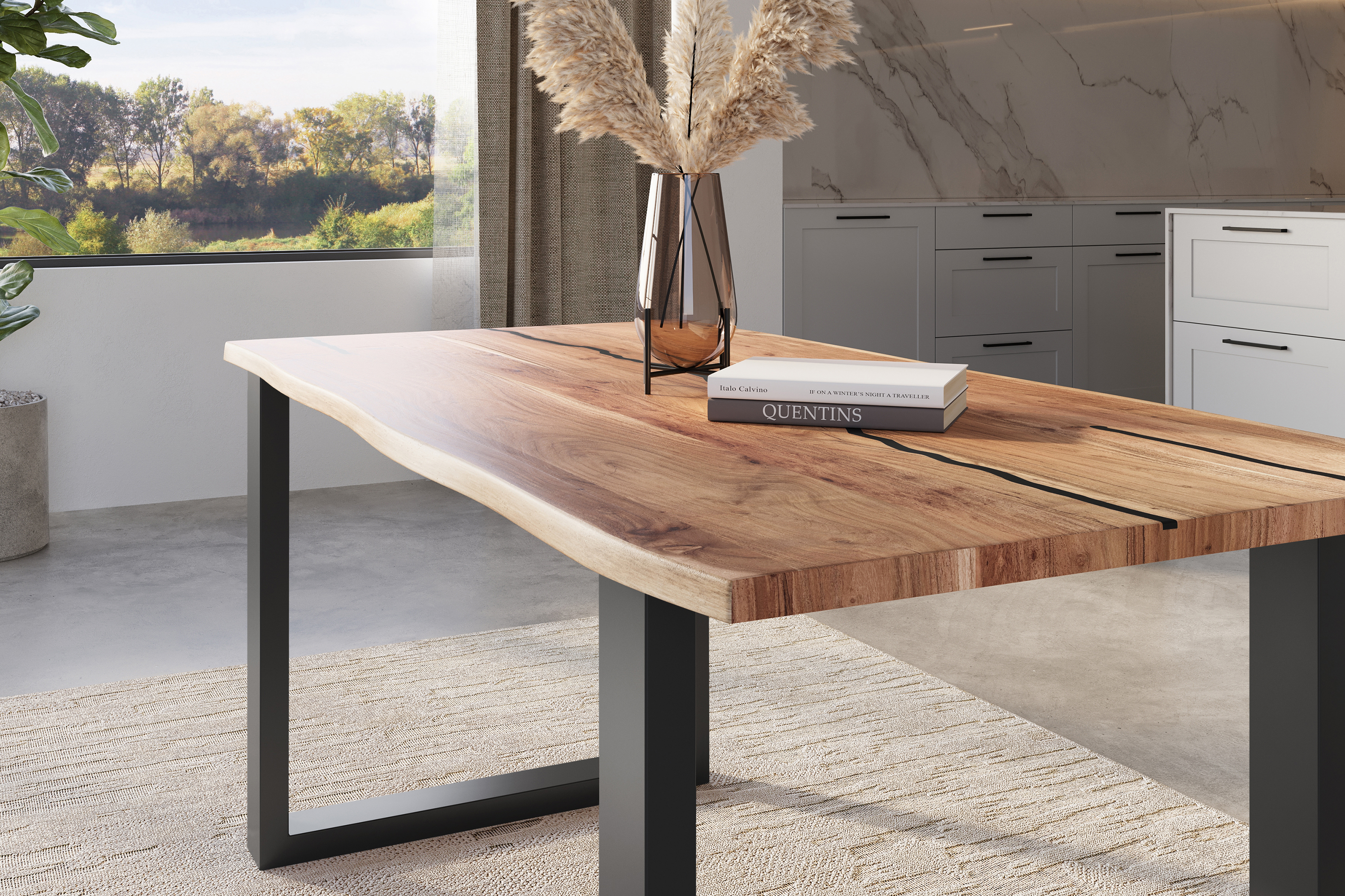 Baumkantentisch Akazie mit schwarzen Resin-Adern naturfarben 160 x 85 cm U-Gestell schwarz POLLY