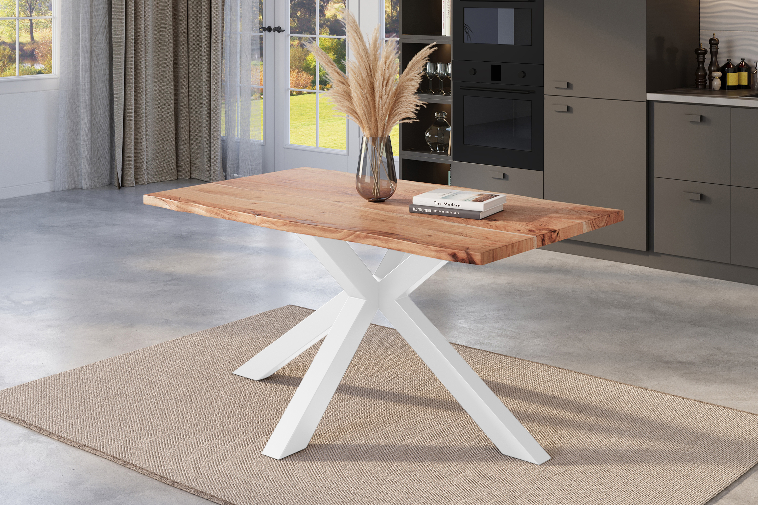 Esstisch Baumkante massiv Akazie natur 140 x 80 cm Spider-Gestell weiß Kalea
