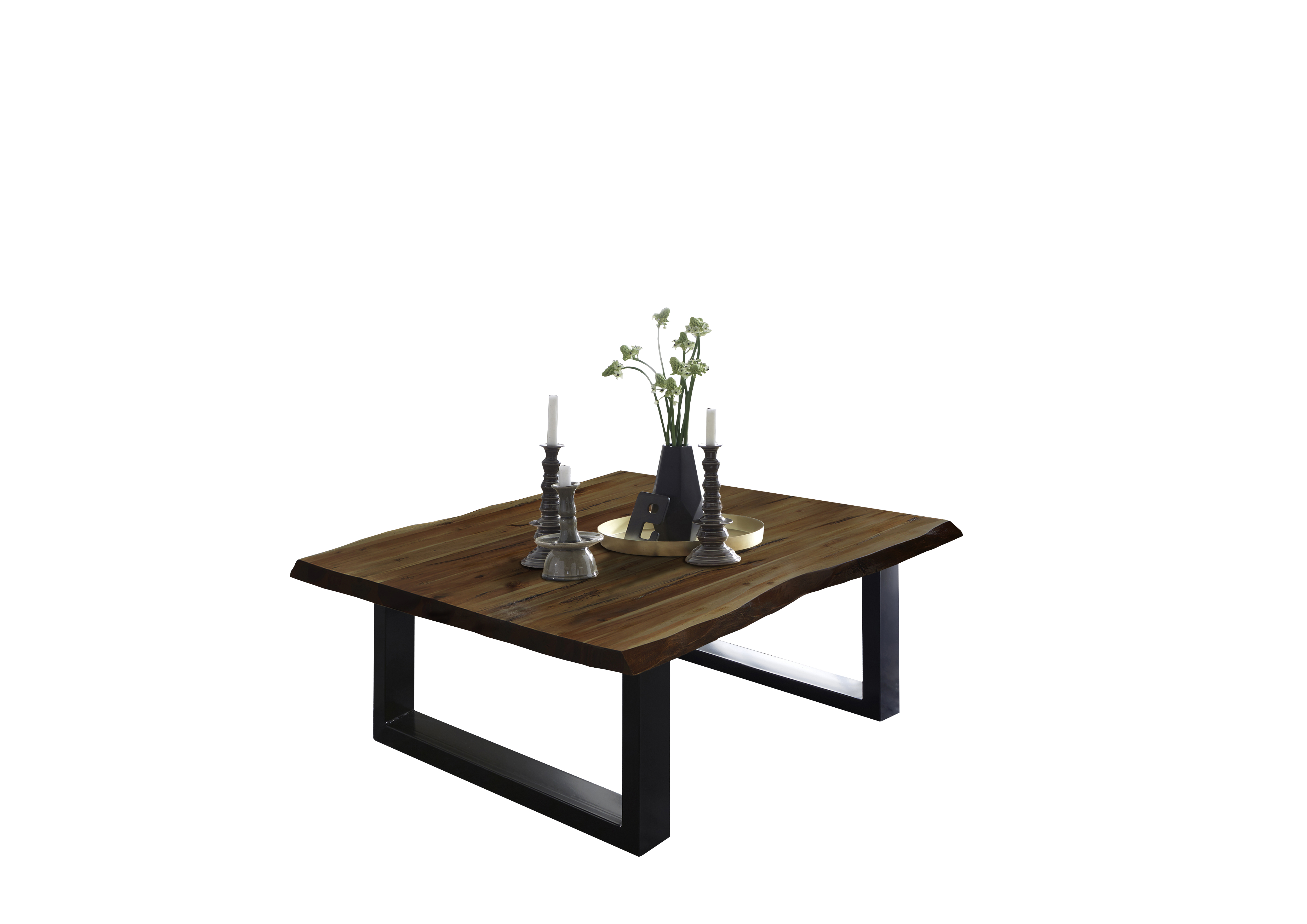  Couchtisch Baumkante massiv Akazie nussbaum 90 x 90 schwarz NOAH