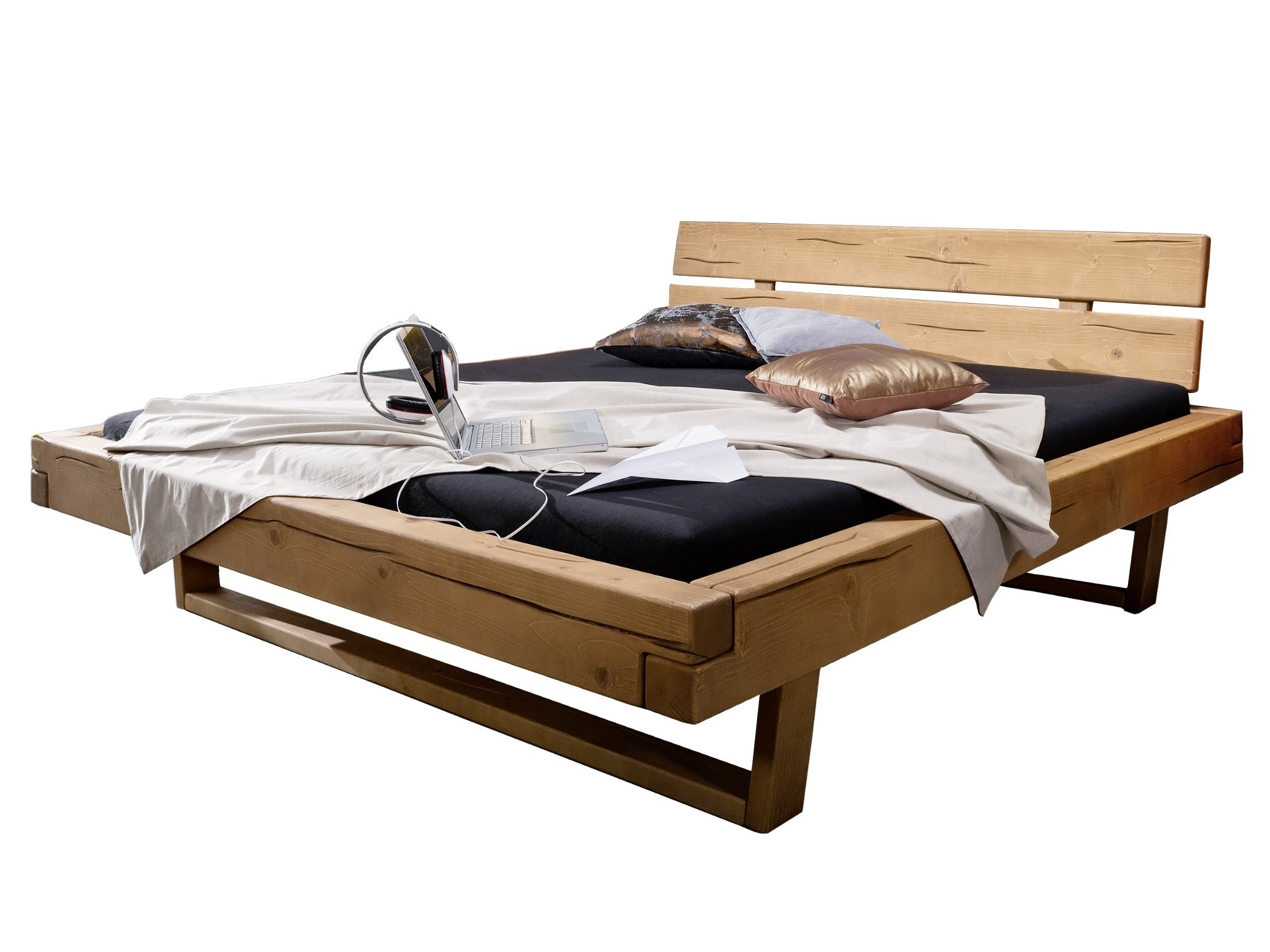  Balkenbett Bojan 160x200cm, Fichte honigfarben, Holzbett massiv, gebeizt + geölt, geteiltes Kopfteil