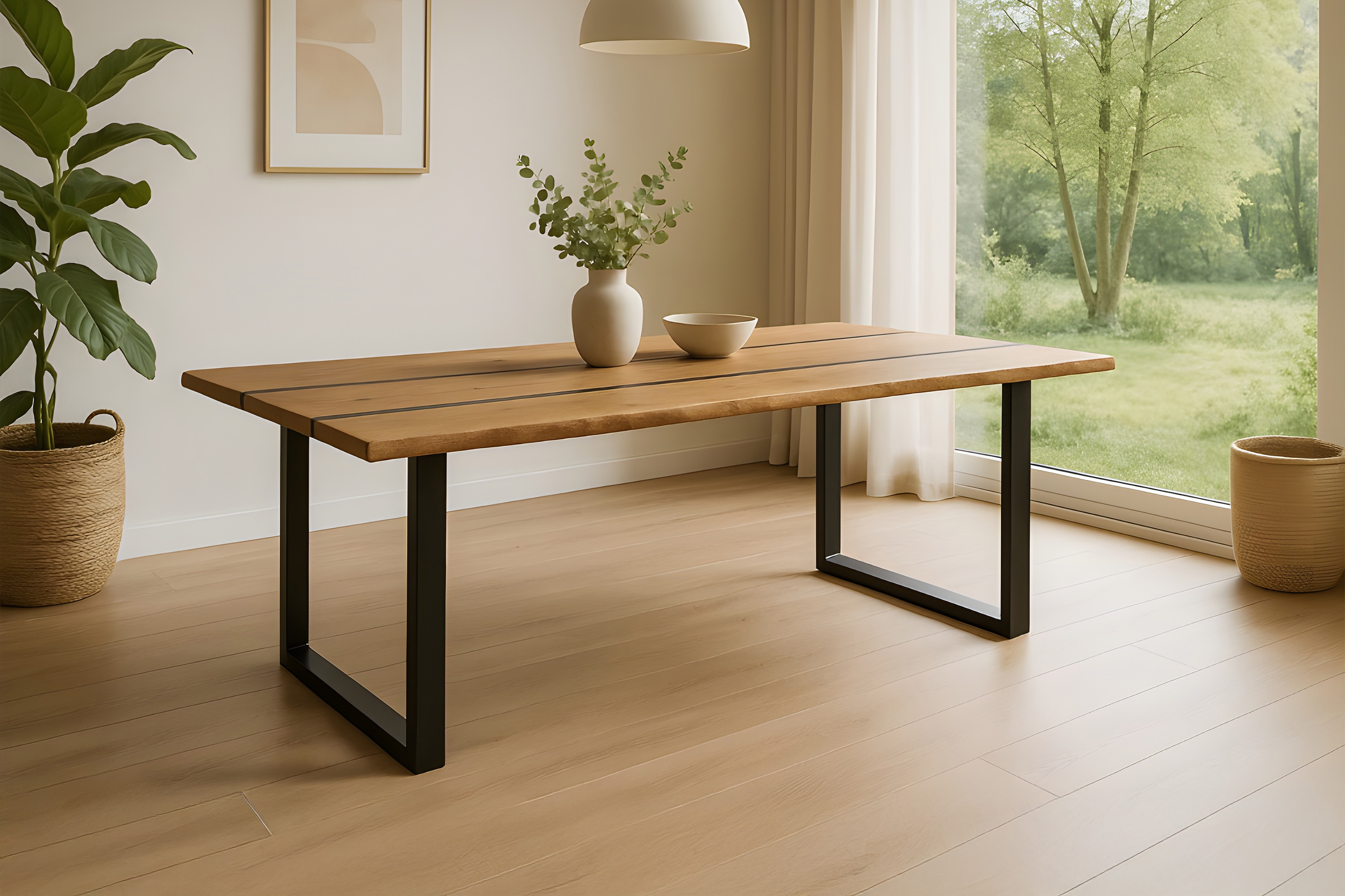 Esstisch 200 x 100 cm Akazie massiv natur mit schwarzen Resin-Adern U-Gestell schwarz PETER