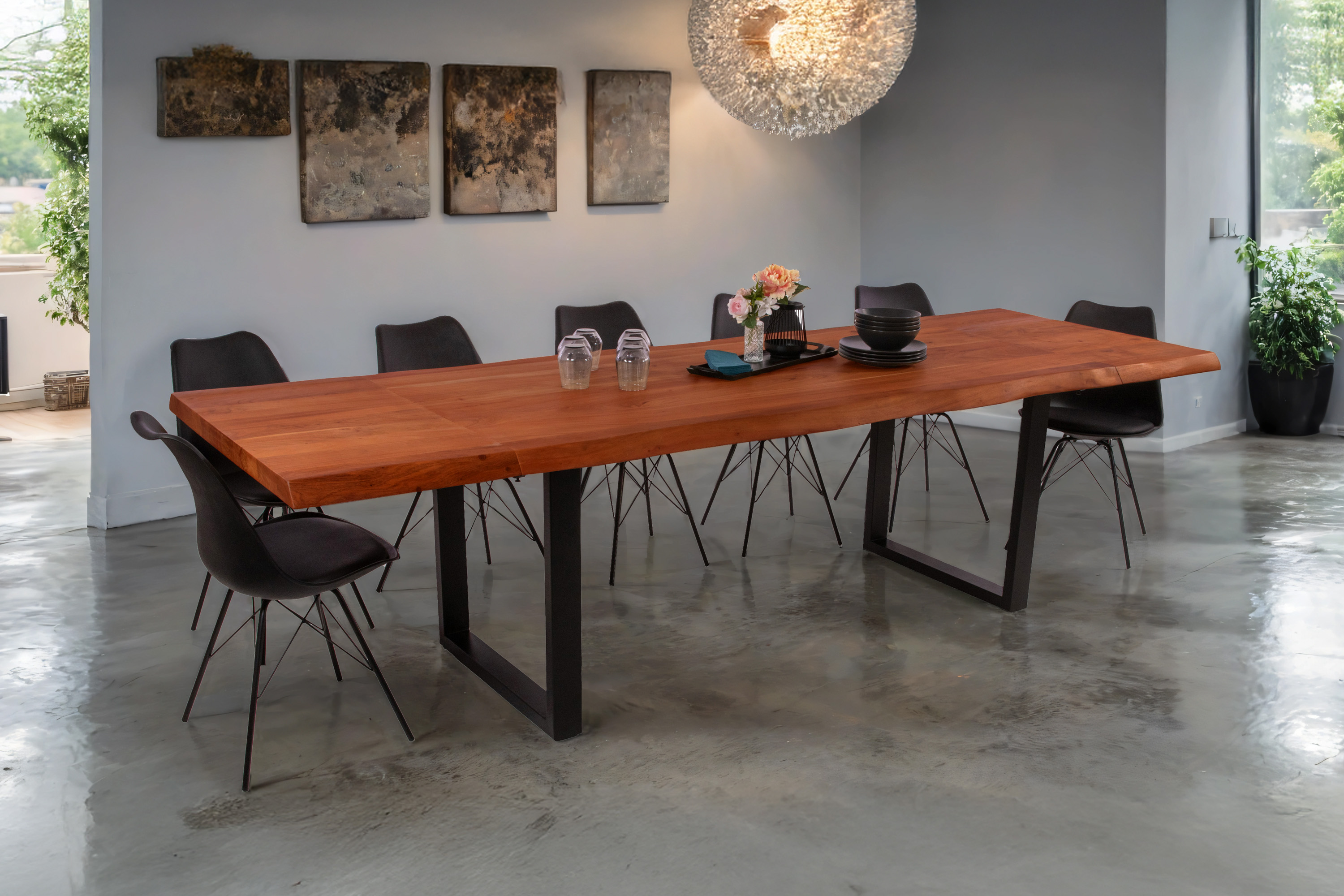 Esstisch Baumkante Akazie nuss 180 (280) x 90 U-Gestell schwarz mit Ansteckplatten CALI
