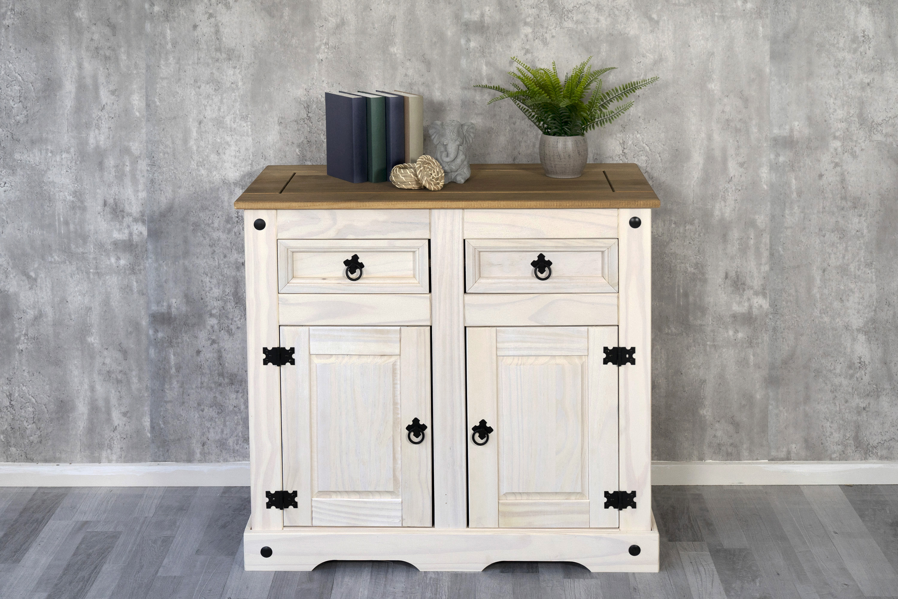 Sideboard Kommode 91,5 x 83,5 x 43 cm Pinienholz weiß honigfaben lasiert MEXICO
