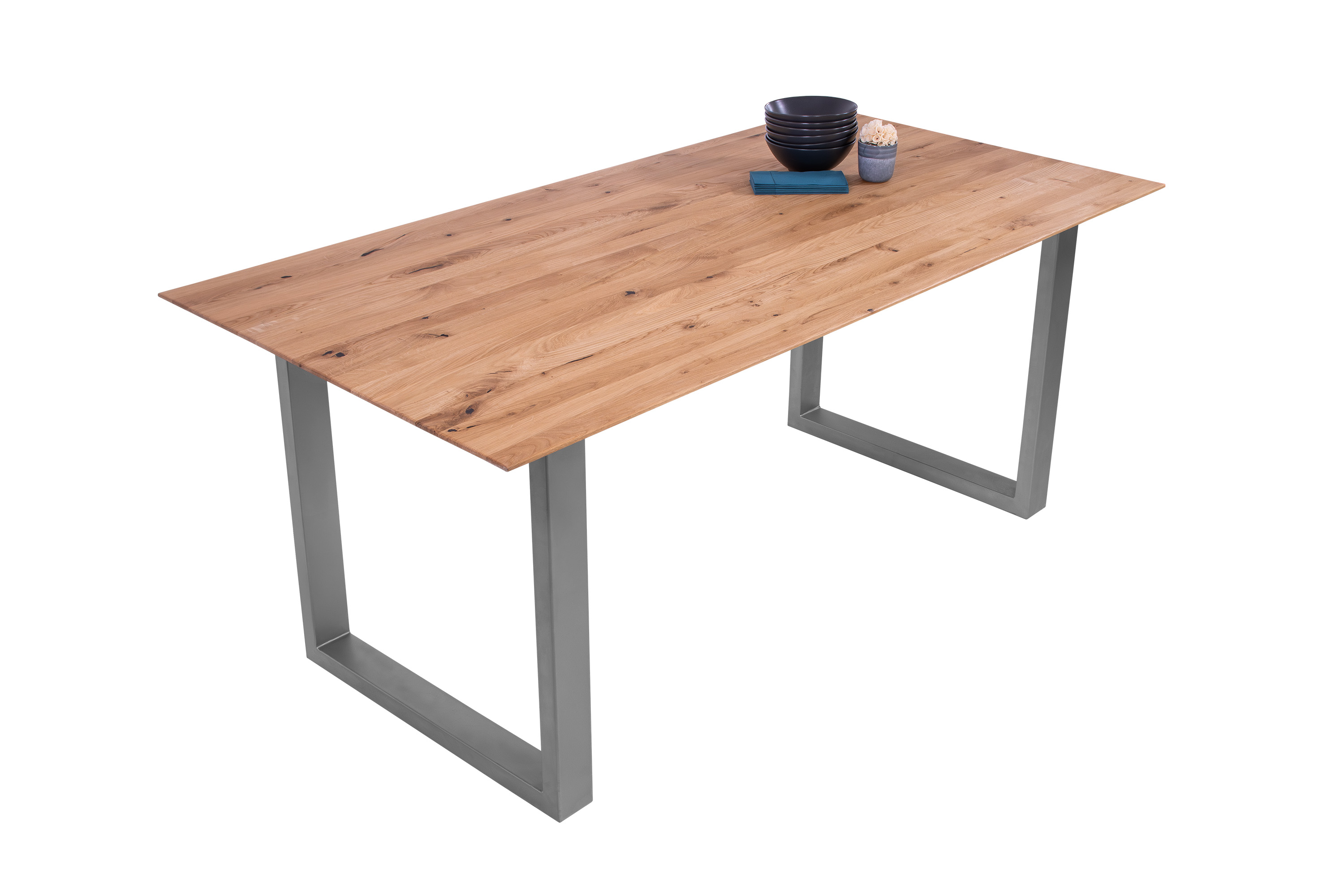 Esszimmertisch Schweizer Kante eckig massiv & geölt Eiche 160x85 silber U-Gestell Lotte