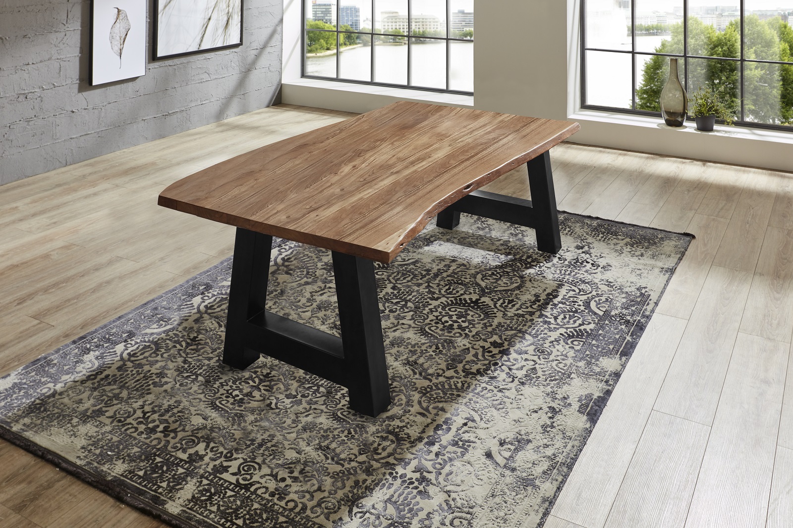  Esstisch Baumkante massiv Akazie Natur 120 x 80 A-Gestell schwarz ATHEN