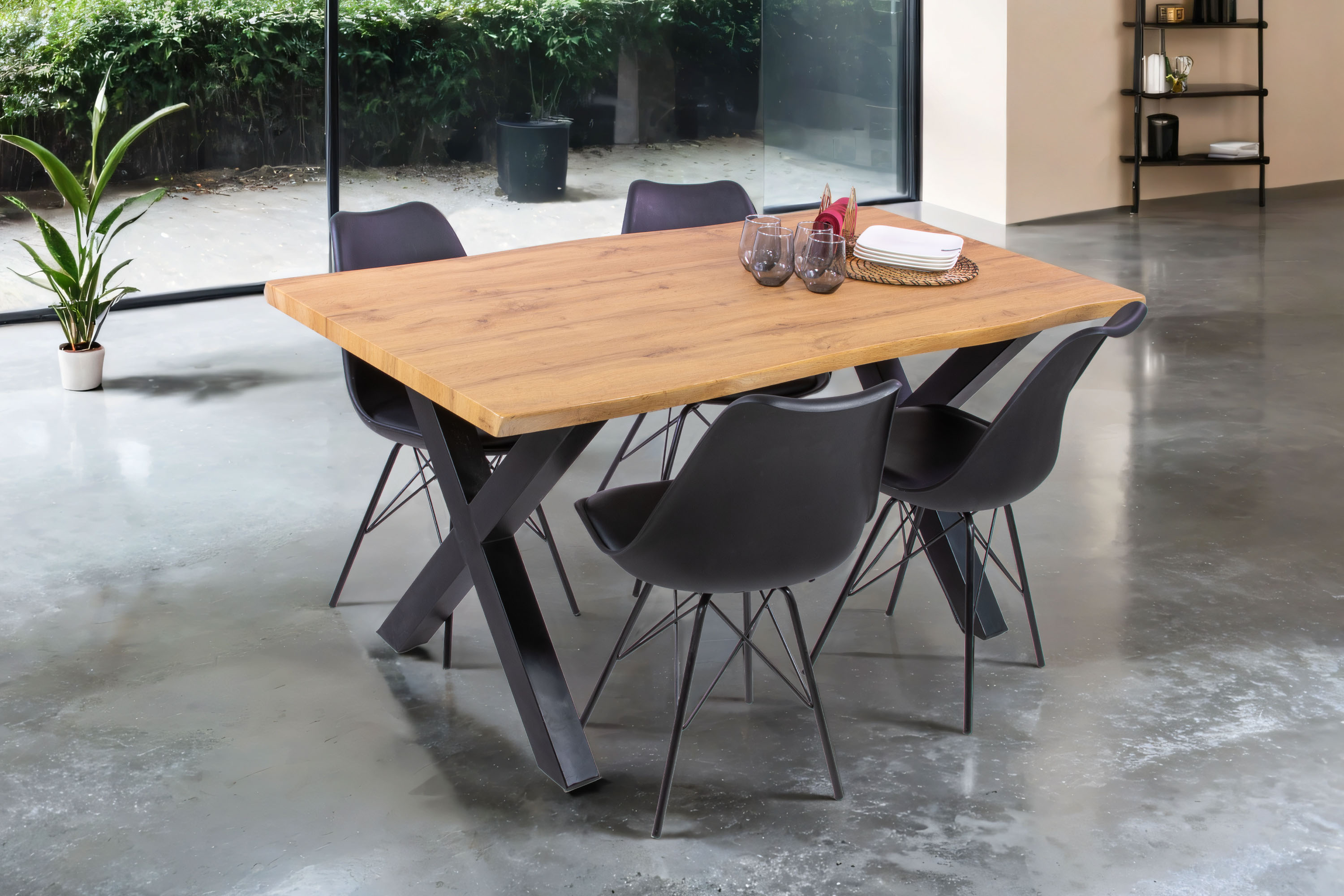Esstisch Baumkante Holz-Optik Wildeiche 160 x 85 X-Gestell schwarz JOSY
