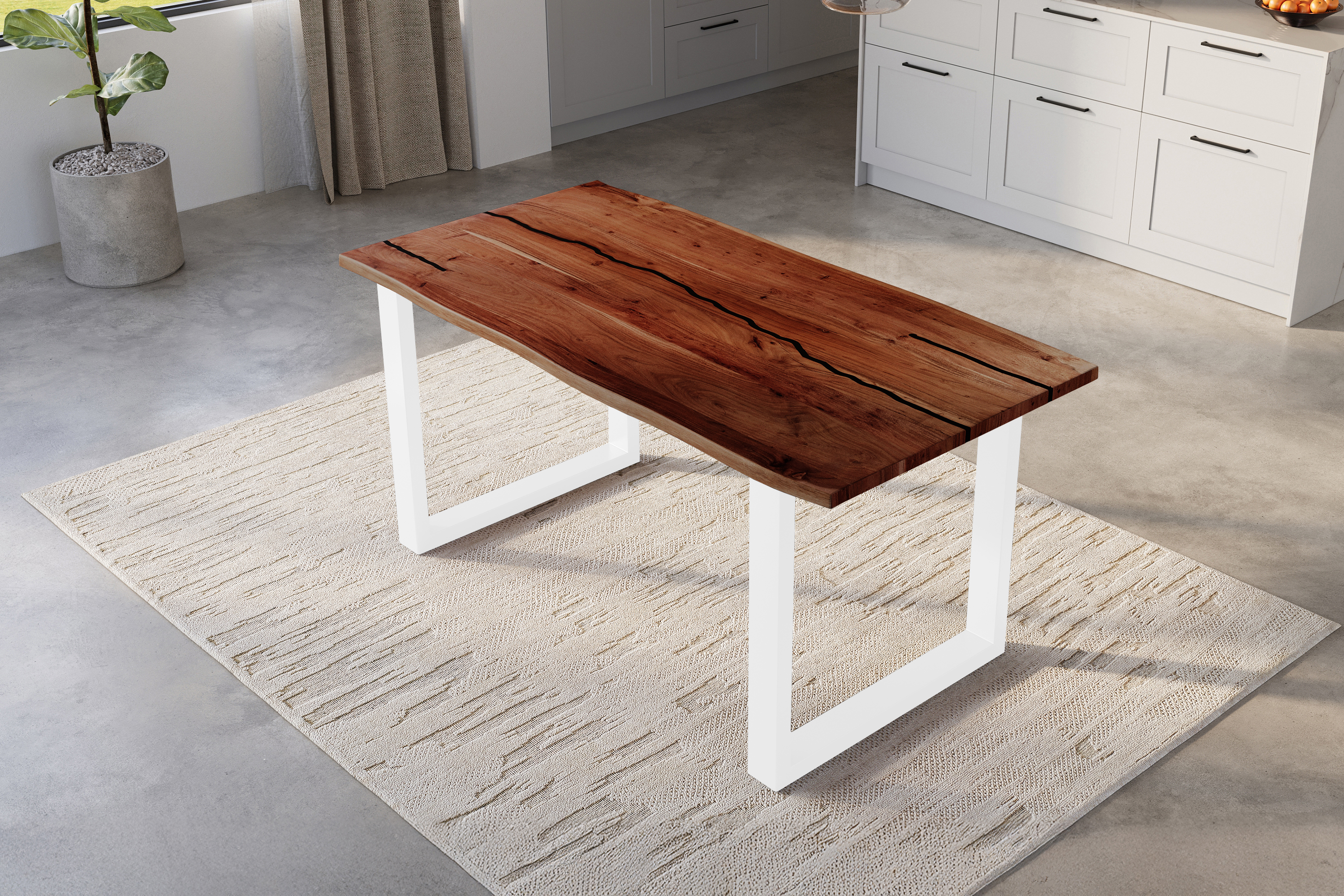 Baumkantentisch Akazie mit schwarzen Resin-Adern nussbaumfarben 180 x 90 cm U-Gestell weiß POLLY