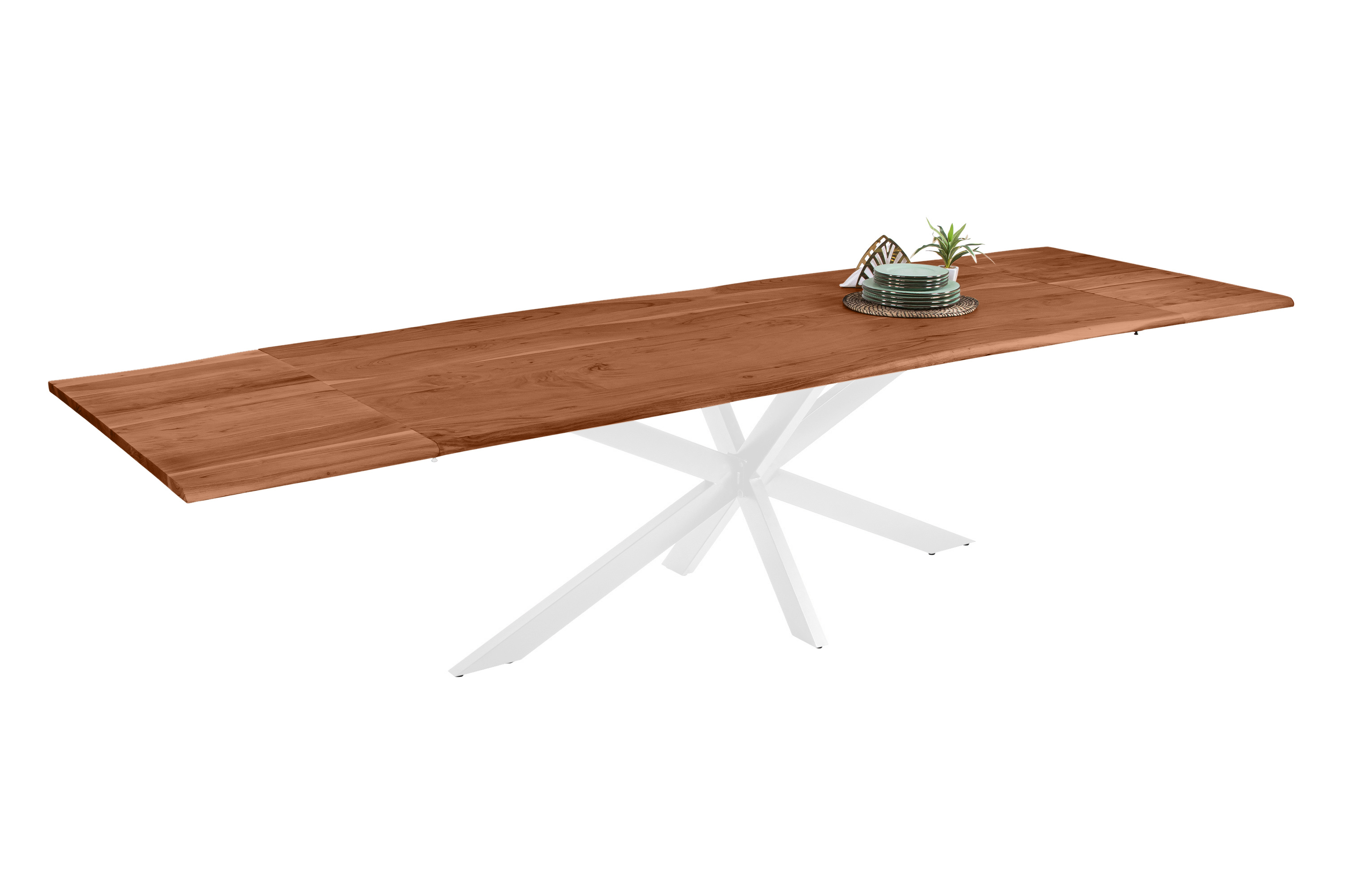Esstisch Baumkante Akazie nuss 200(300)x100 Ansteckplatten Spider-Gestell weiß AVINO