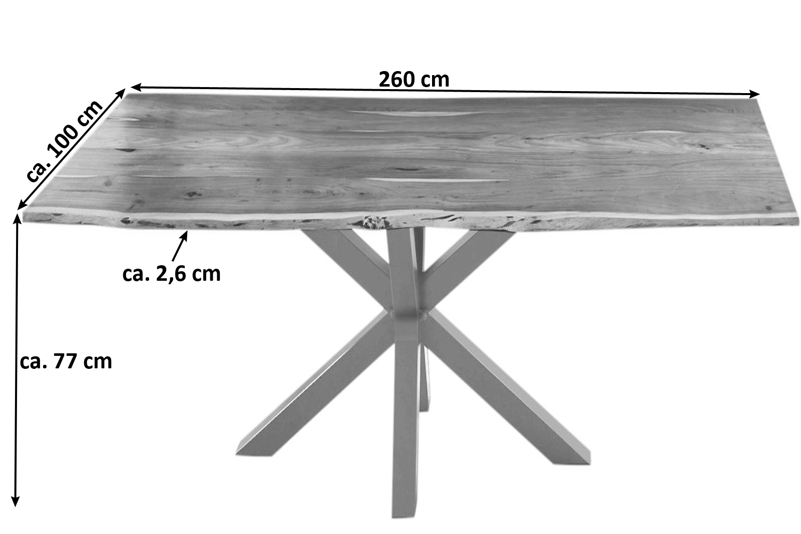  Esstisch Baumkante massiv Akazie natur 260 cm Spider-Gestell Silber QUINCY