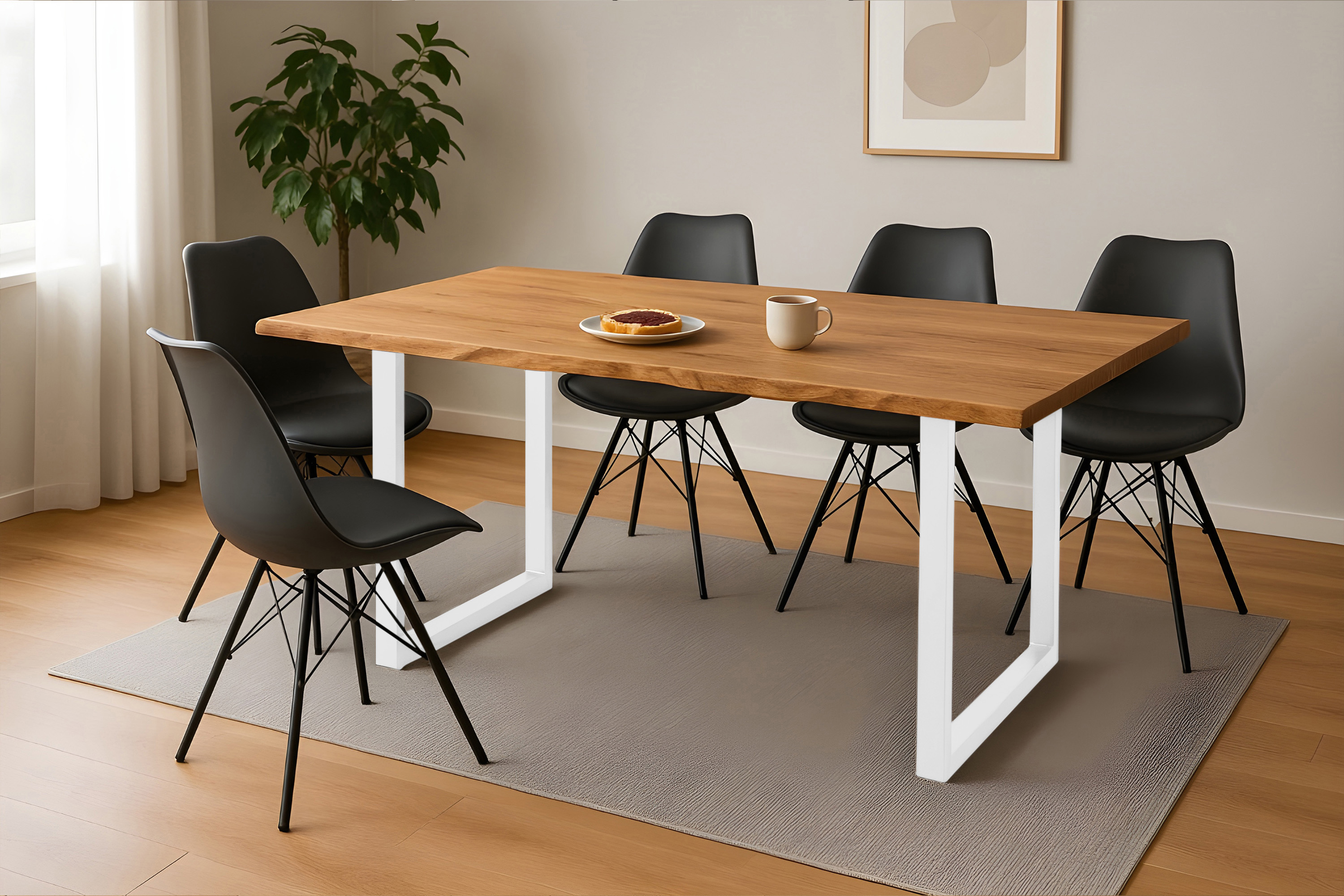 Esstisch Baumkante massiv Eiche geölt 200 x 100 cm U-Gestell weiß  SALVADOR