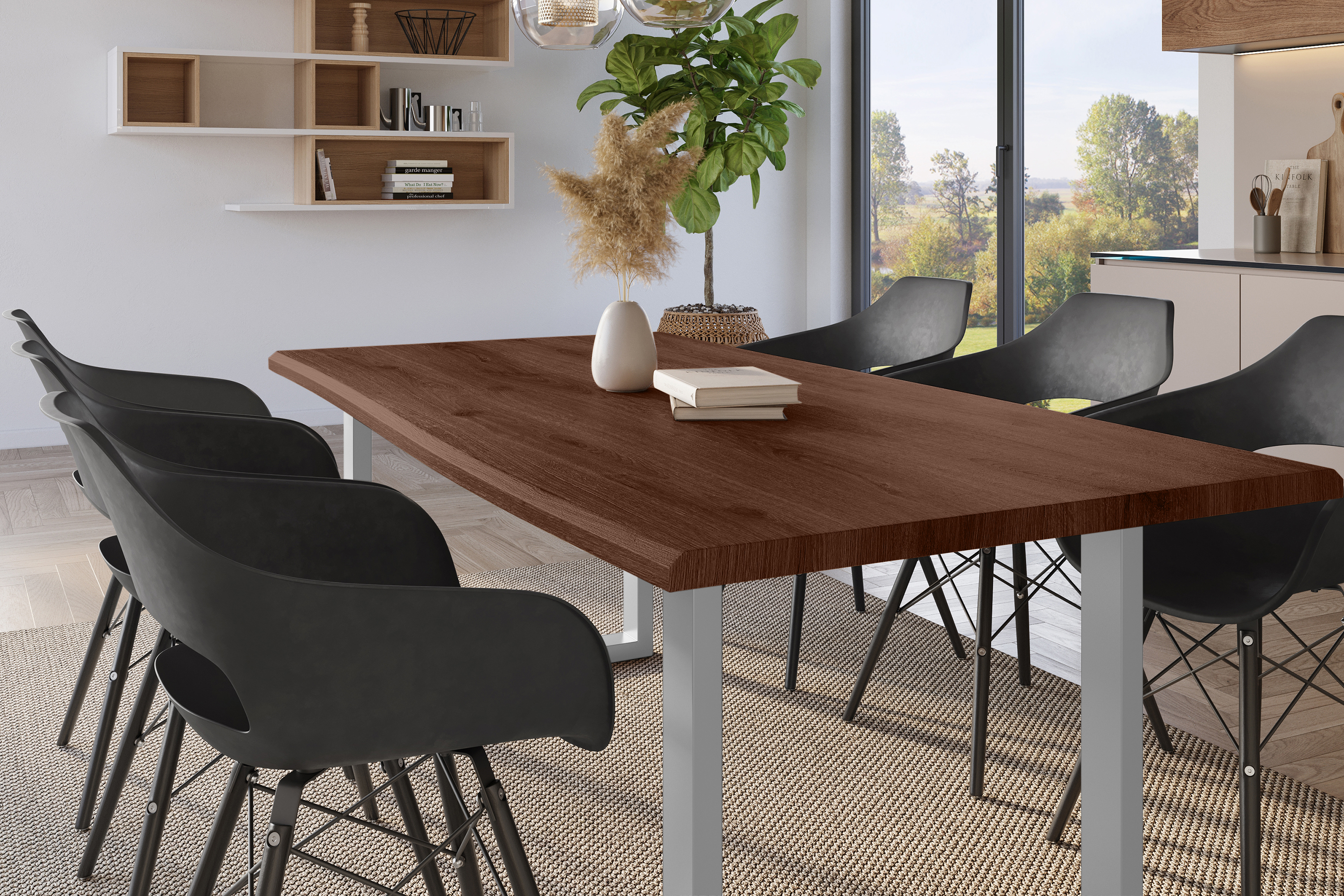 Esstisch Baumkante Holz-Optik Nussbaum 240 x 100 U-Gestell silber JULIUS