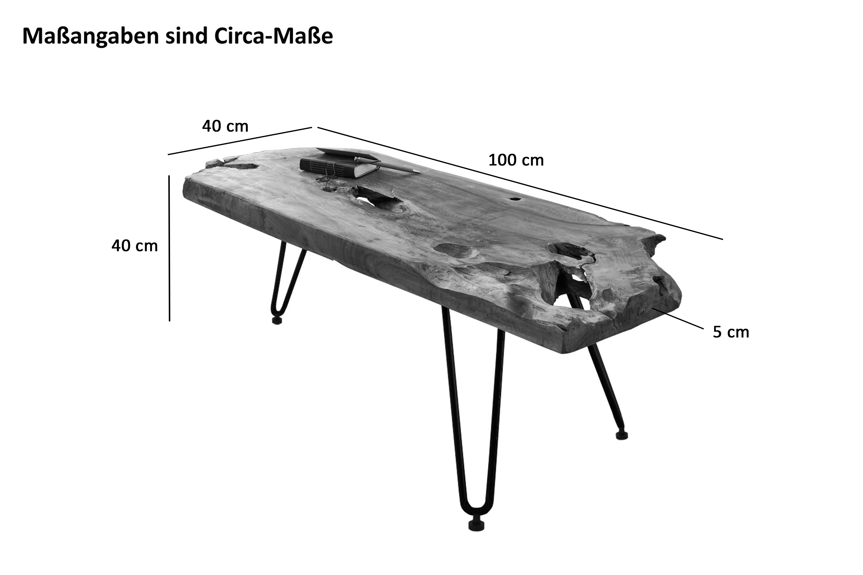 Couchtisch Beistelltisch Teakholz Hairpin-Gestell 100 x 40 x 40 cm schwarz ISANA