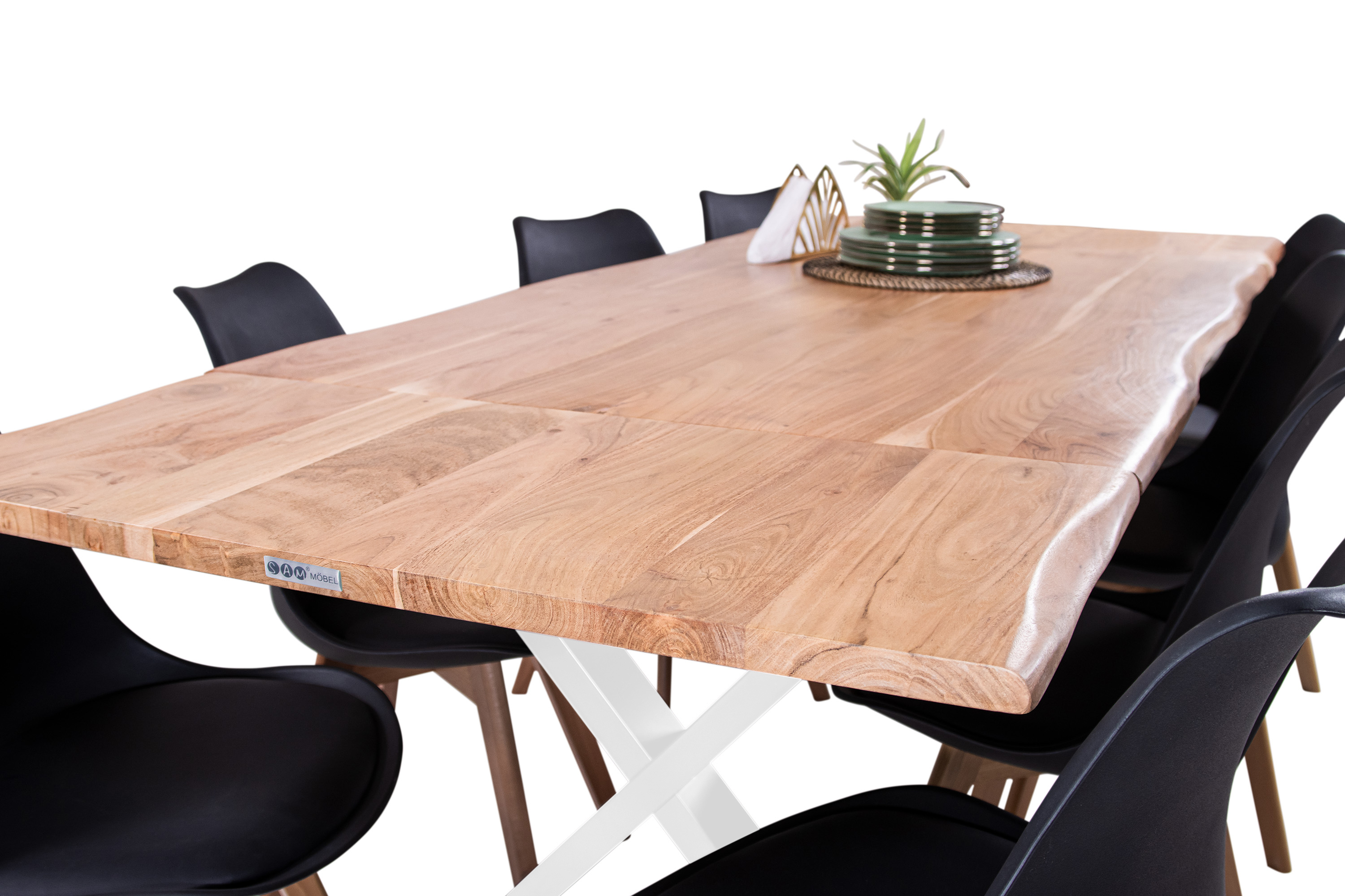 Esstisch Baumkante Akazie natur 140(220)x90 Ansteckplatten X-Gestell weiß AVINO