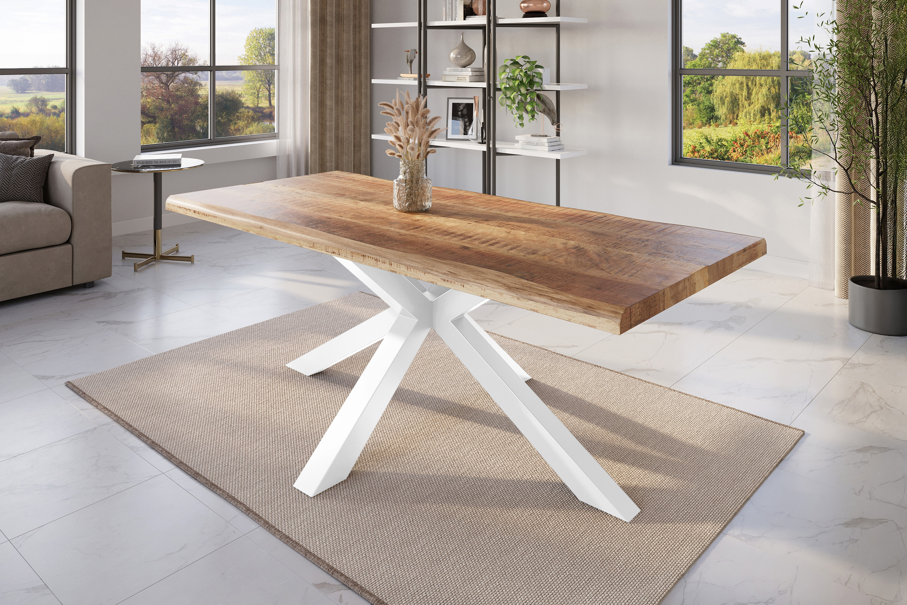 Esstisch Baumkante massiv Mango rough 180 x 90 Spider-Gestell weiß ATLAS