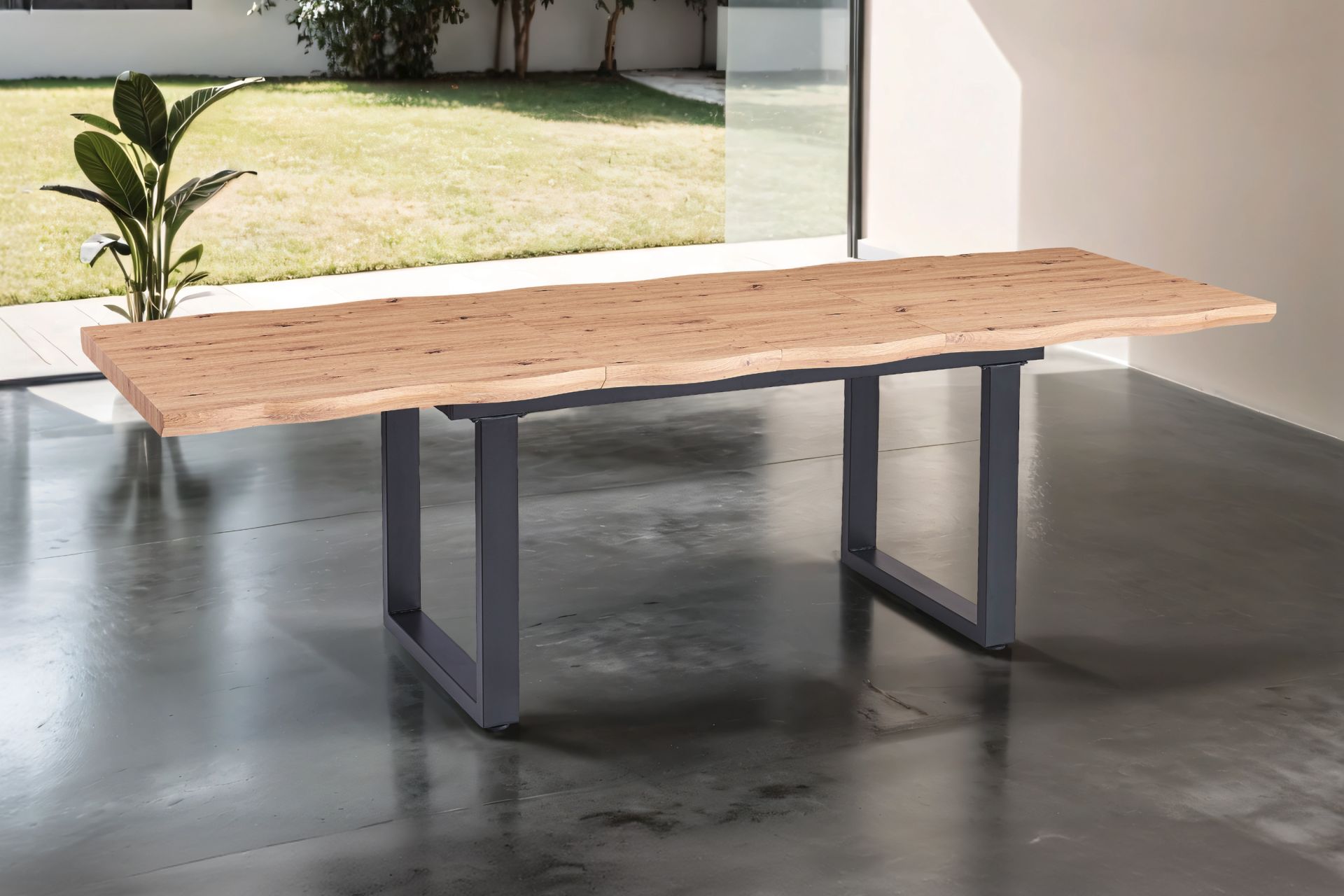 Esstisch Baumkante Holz Wildeiche-Optik 180(260) x 90 U-Gestell schwarz SWAN