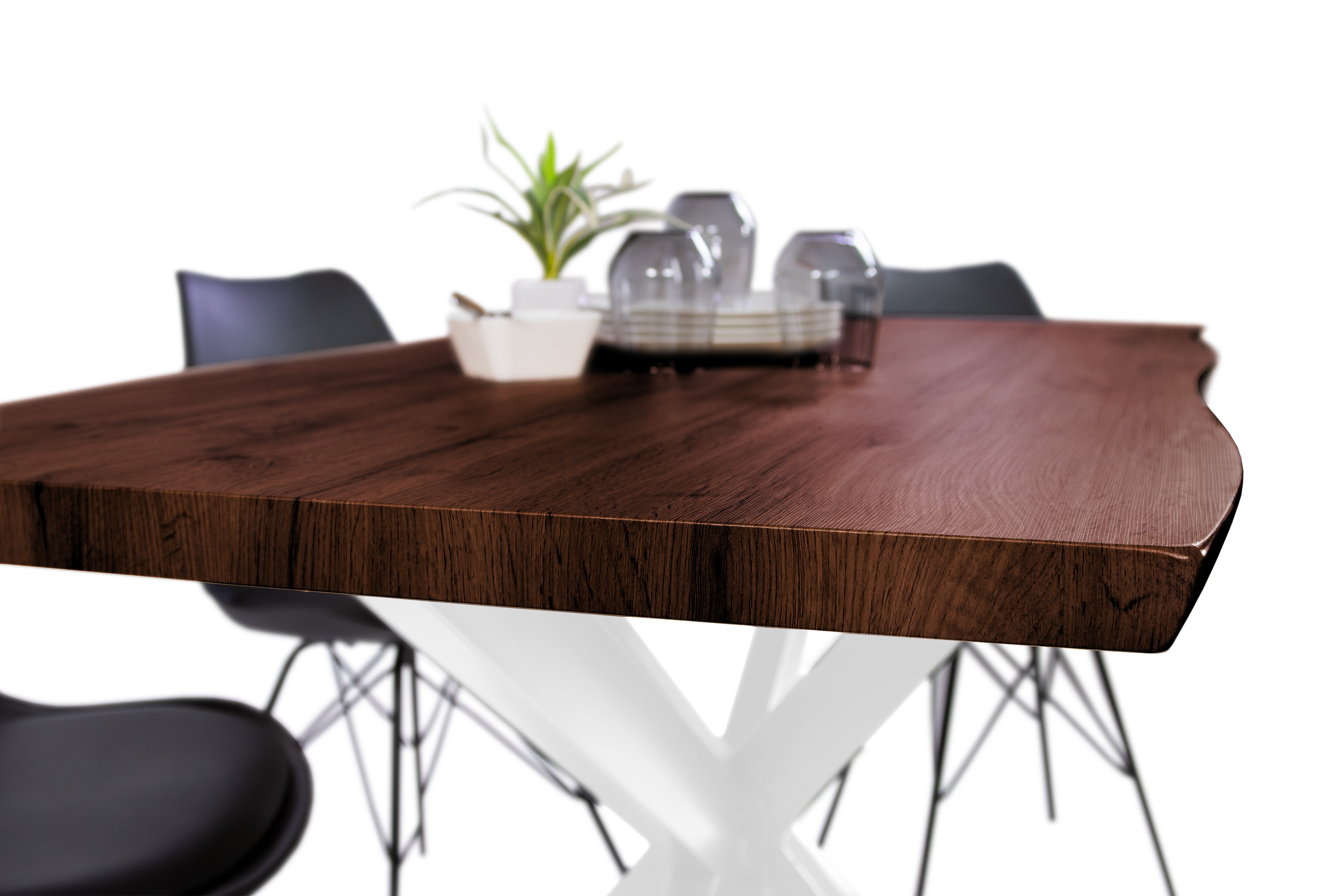 Esstisch Baumkante Holz-Optik Nussbaum 120 x 80 Spider-Gestell weiß JOSY