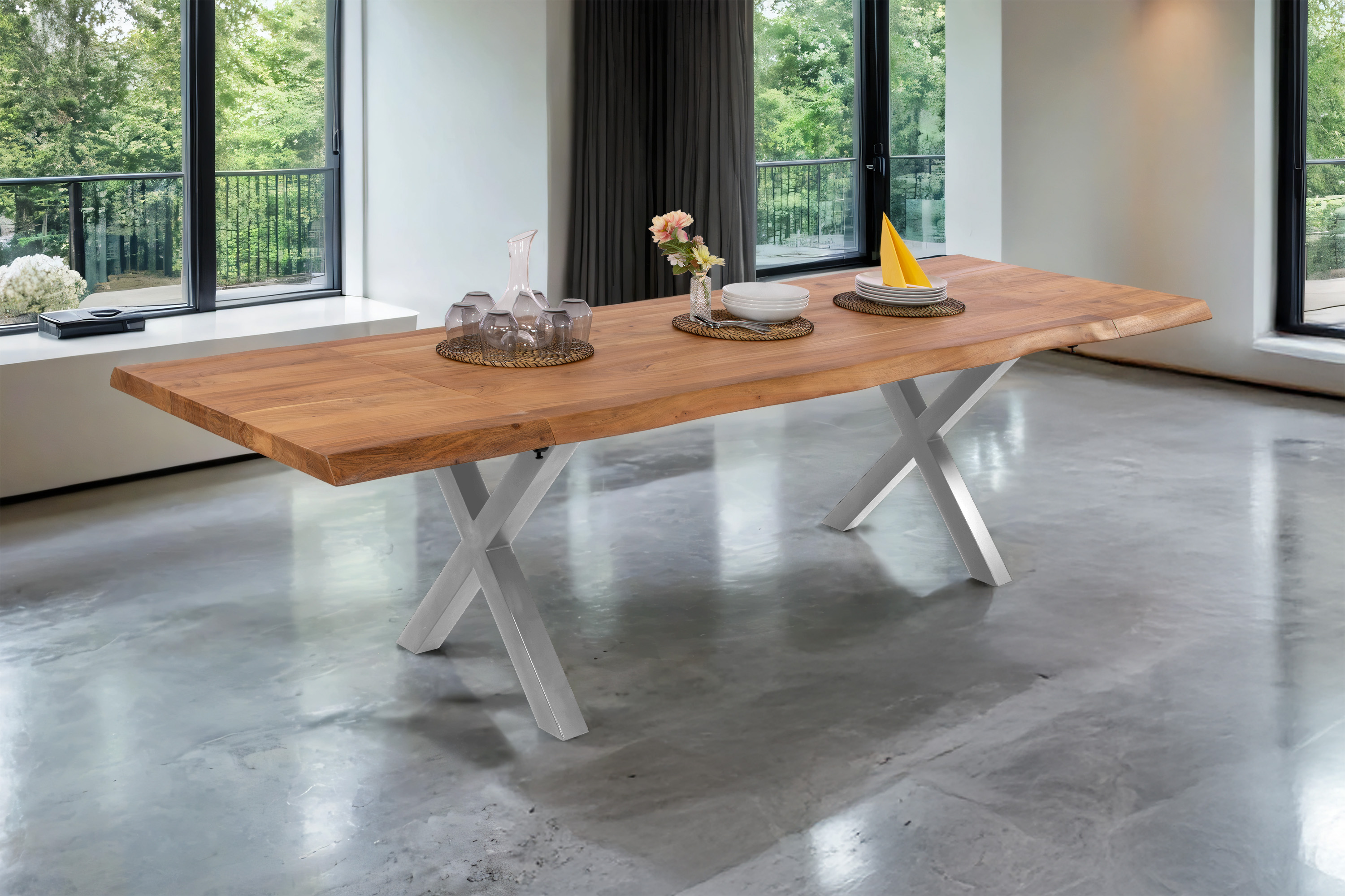 Esstisch Baumkante Akazie natur 220 (320) x 100 X-Gestell silber mit Ansteckplatten CALI