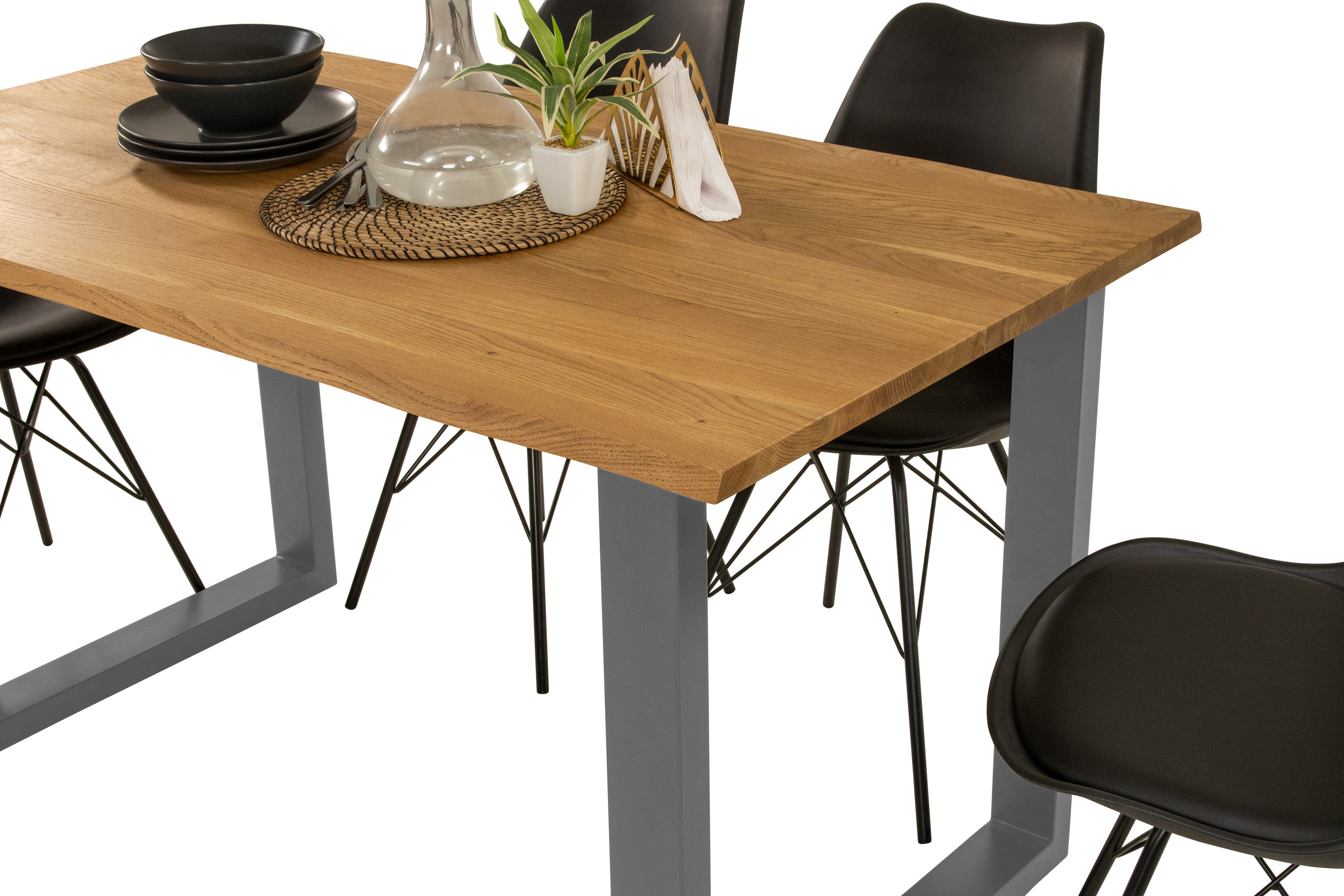 Esstisch Baumkante massiv Eiche geölt 180 x 90 cm U-Gestell silber SALVADOR