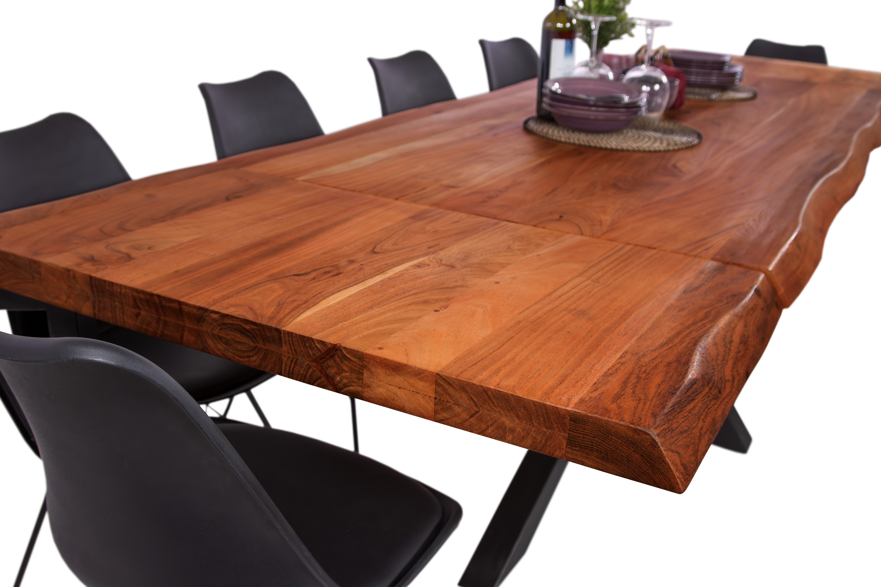Esstisch Baumkante Akazie nuss 160 (260) x 90 cm Spider-Gestell silber mit Ansteckplatten CALI