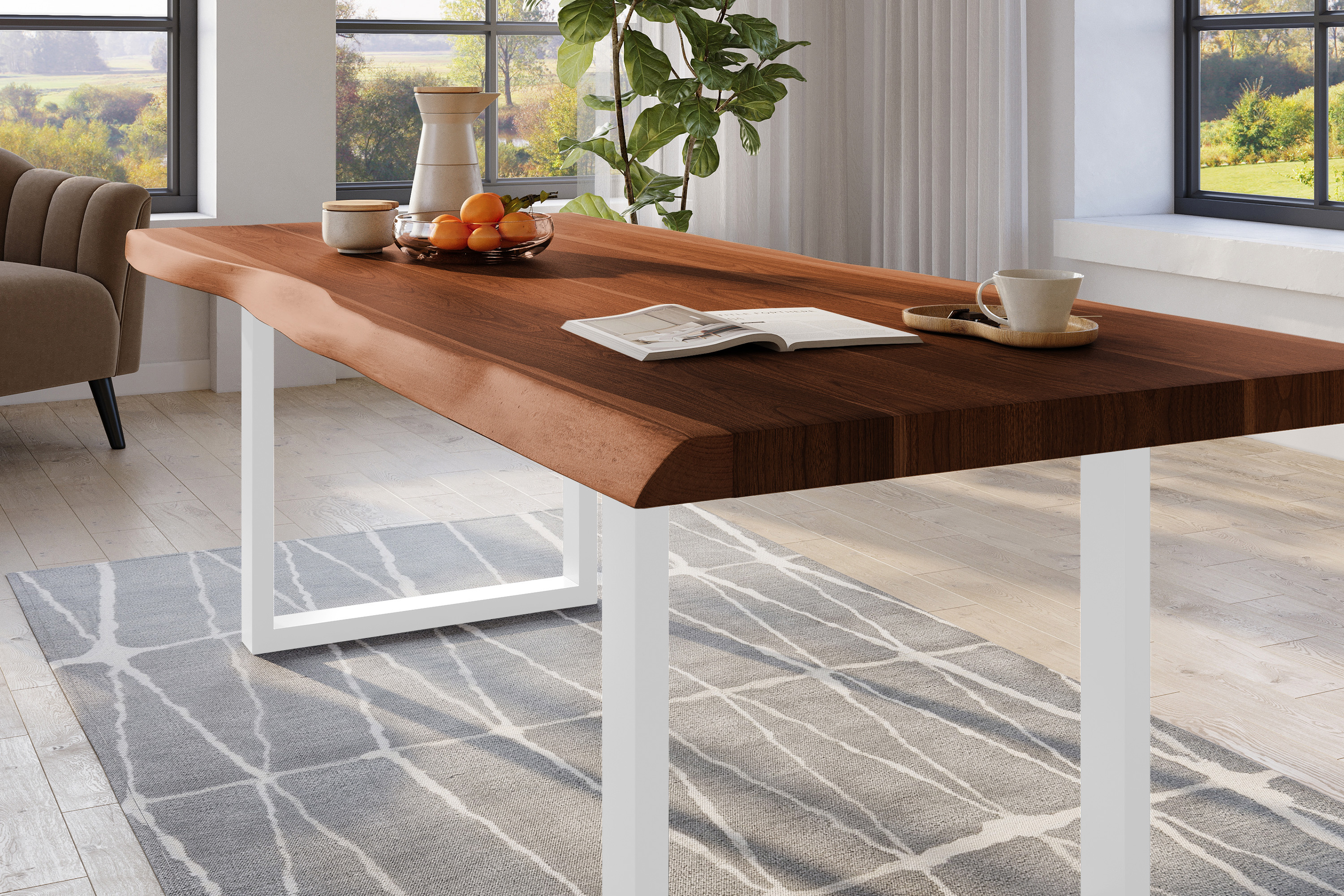 Esstisch Baumkante massiv Akazie nussbaumfarben 240 x 110 U-Gestell Metall weiß TITAN
