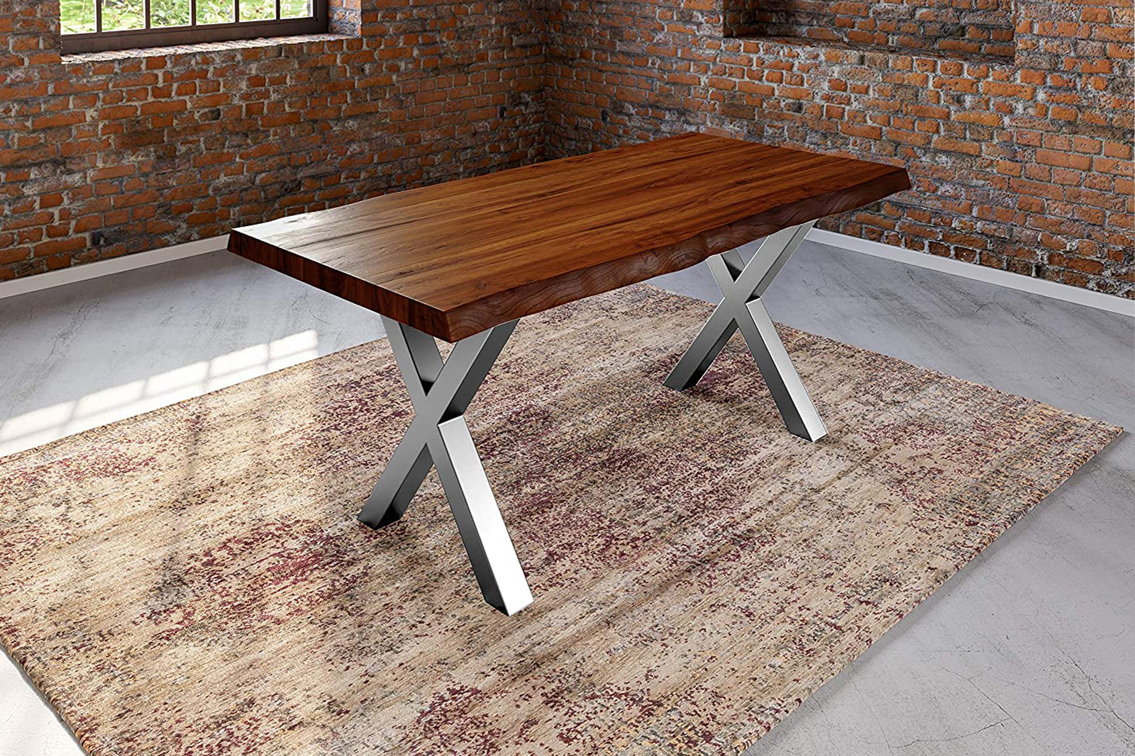  Esstisch Baumkante massiv Akazie nussbaumfarben 240 x 100 silber X-Gestell XEREZ