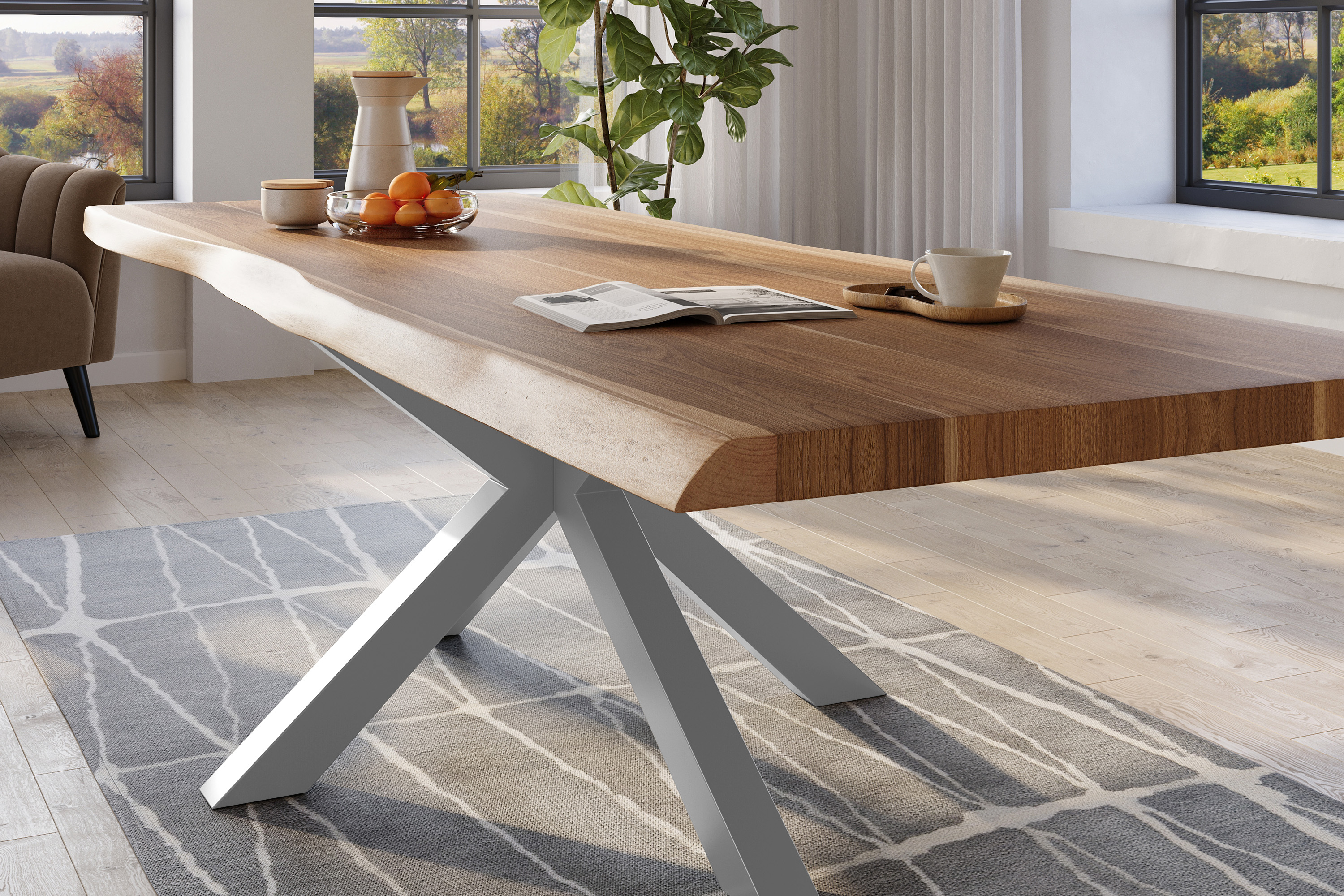 Esstisch Baumkante massiv Akazie natur 260 x 120 Spider-Gestell Metall silber TITAN