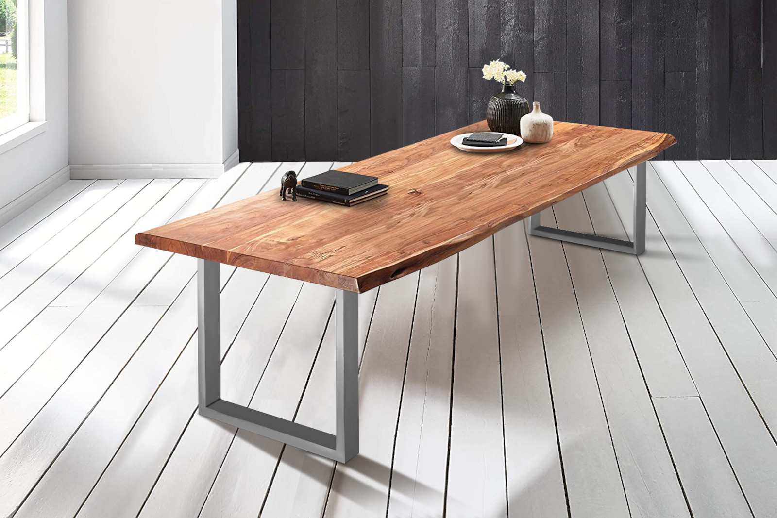  Esstisch Baumkante massiv Akazie natur 220 x 110 silber VALIN