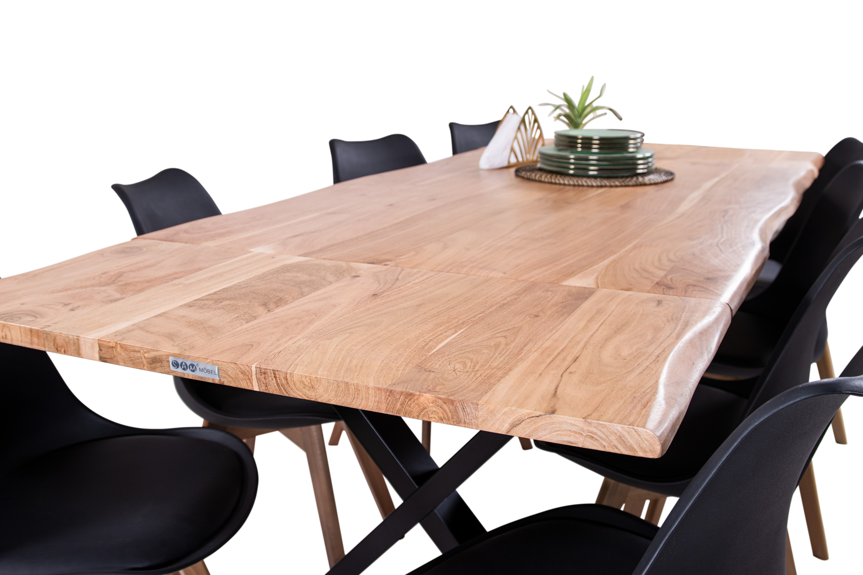 Esstisch Baumkante Akazie natur 140(220)x90 Ansteckplatten X-Gestell schwarz AVINO