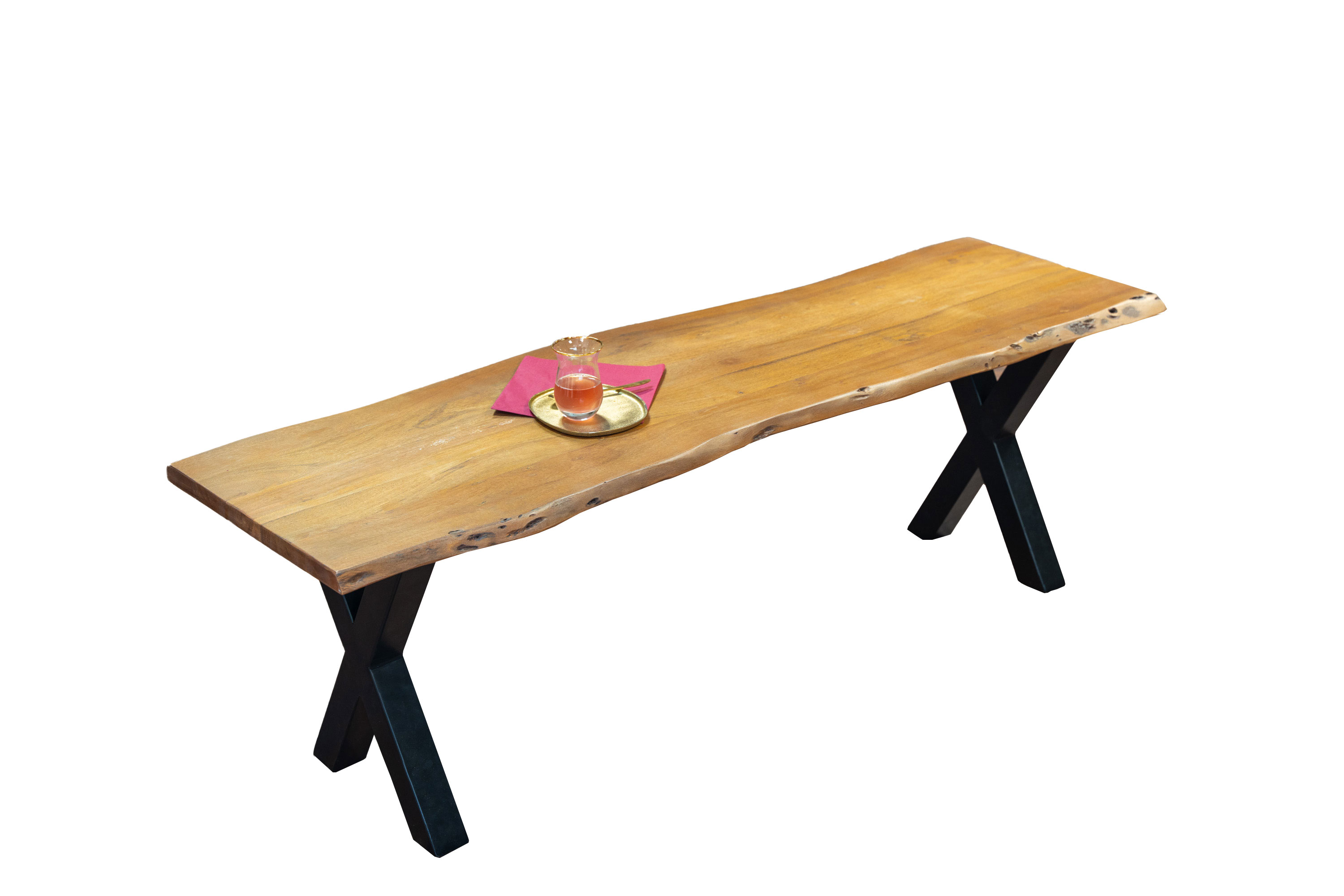 Sitzbank Baumkante 160 cm nussbaum massiv Akazie X-Gestell schwarz