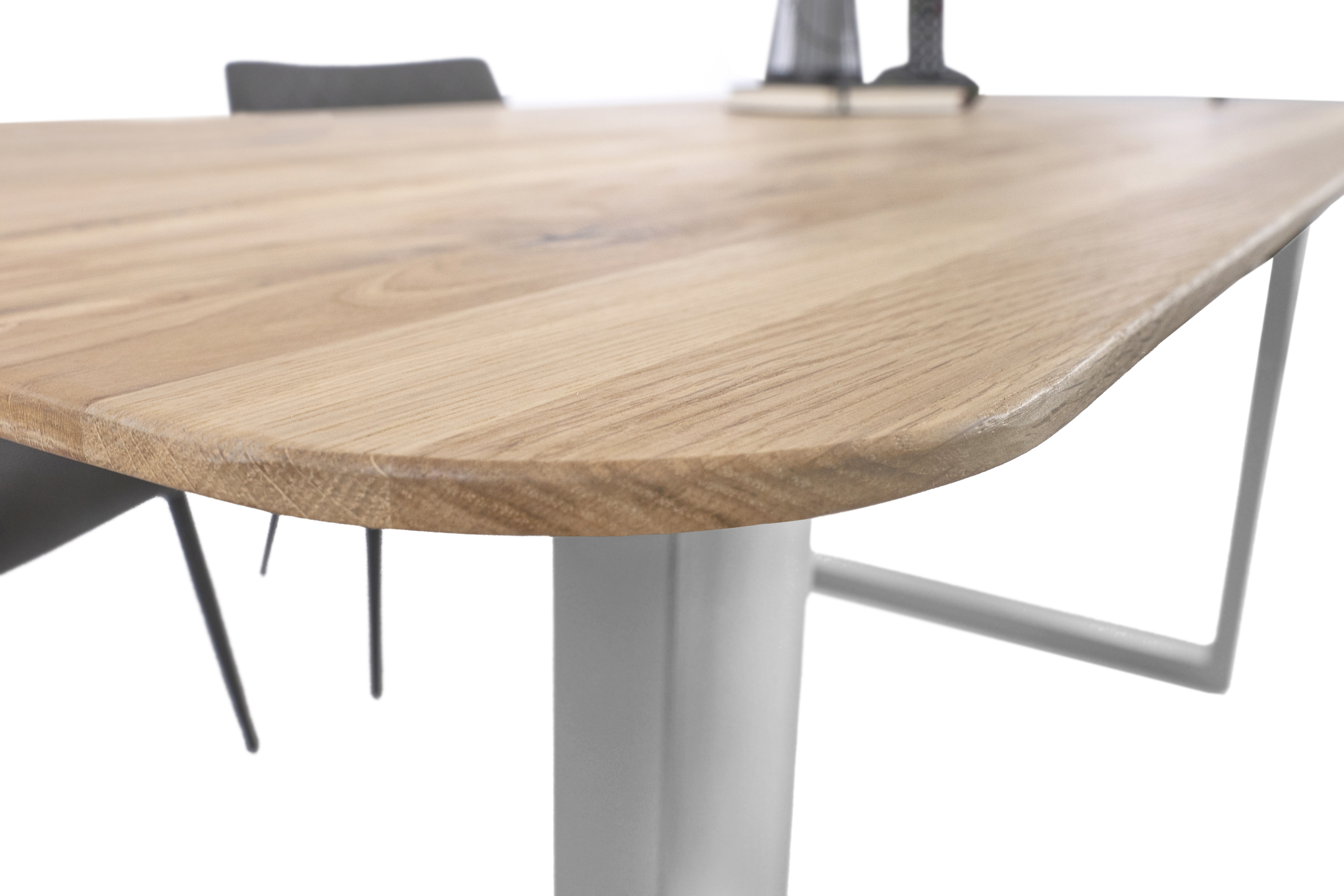 Esszimmertisch Schweizer Kante rund massiv & geölt Eiche 160x85 silber U-Gestell Lotte