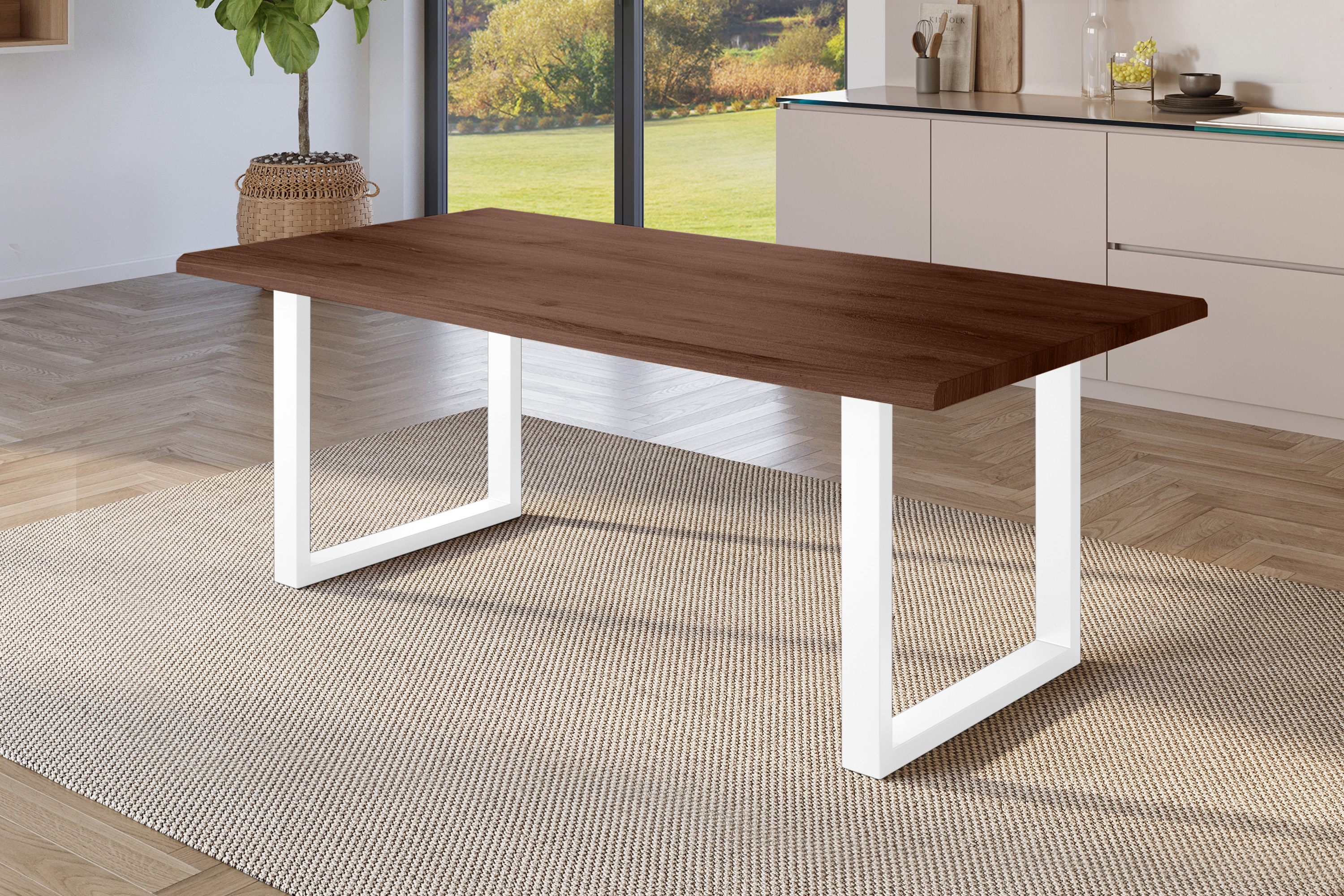 Esstisch Baumkante Holz-Optik Nussbaum 180 x 90 U-Gestell weiß JULIUS