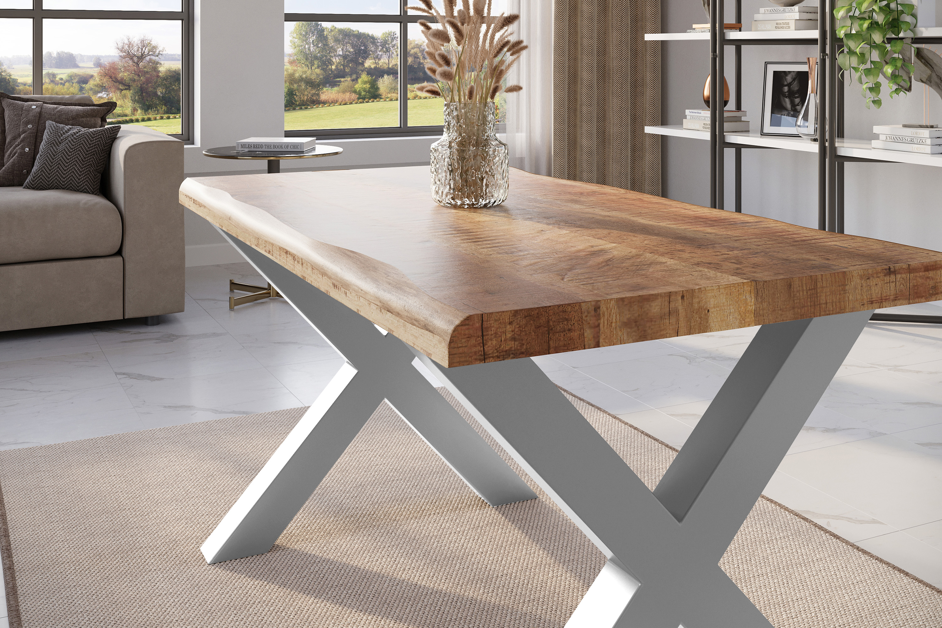 Esstisch Baumkante massiv Mango rough 140 x 80 X-Gestell silber ATLAS