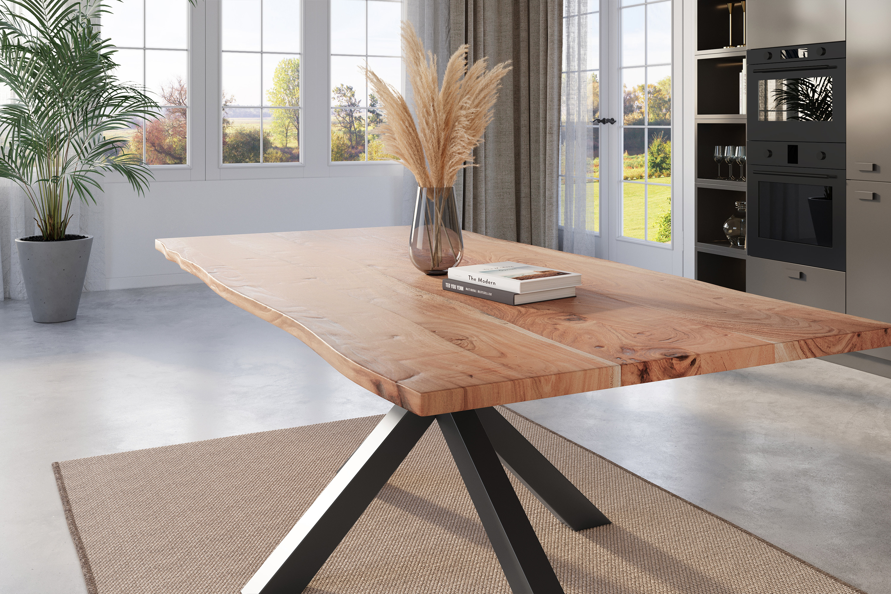 Esstisch Baumkante massiv Akazie natur 180 x 90 cm Spider-Gestell schwarz Kalea