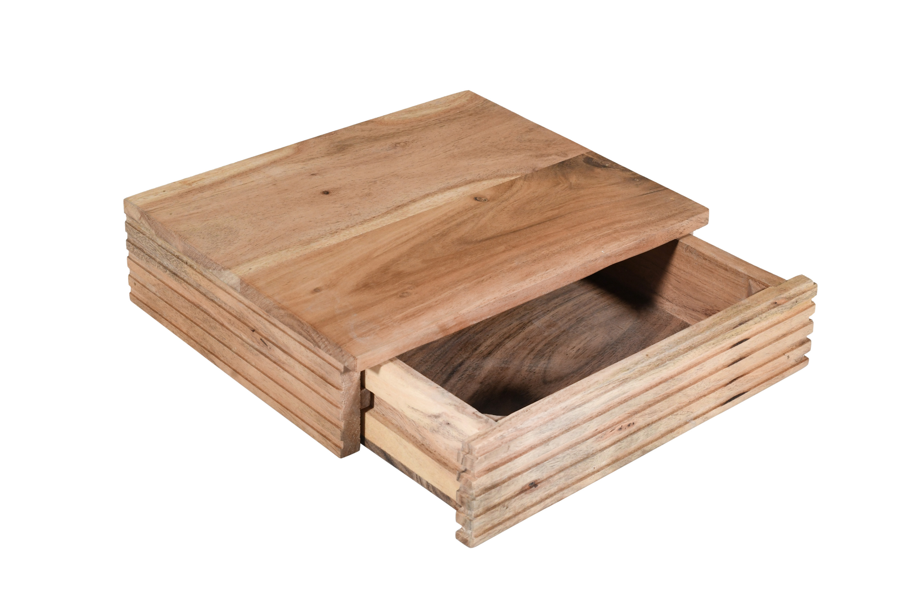 Steckboard mit Baumkante Schubladenregal Akazie massiv natur gerillt 30 x 25 x 8 cm LEONA